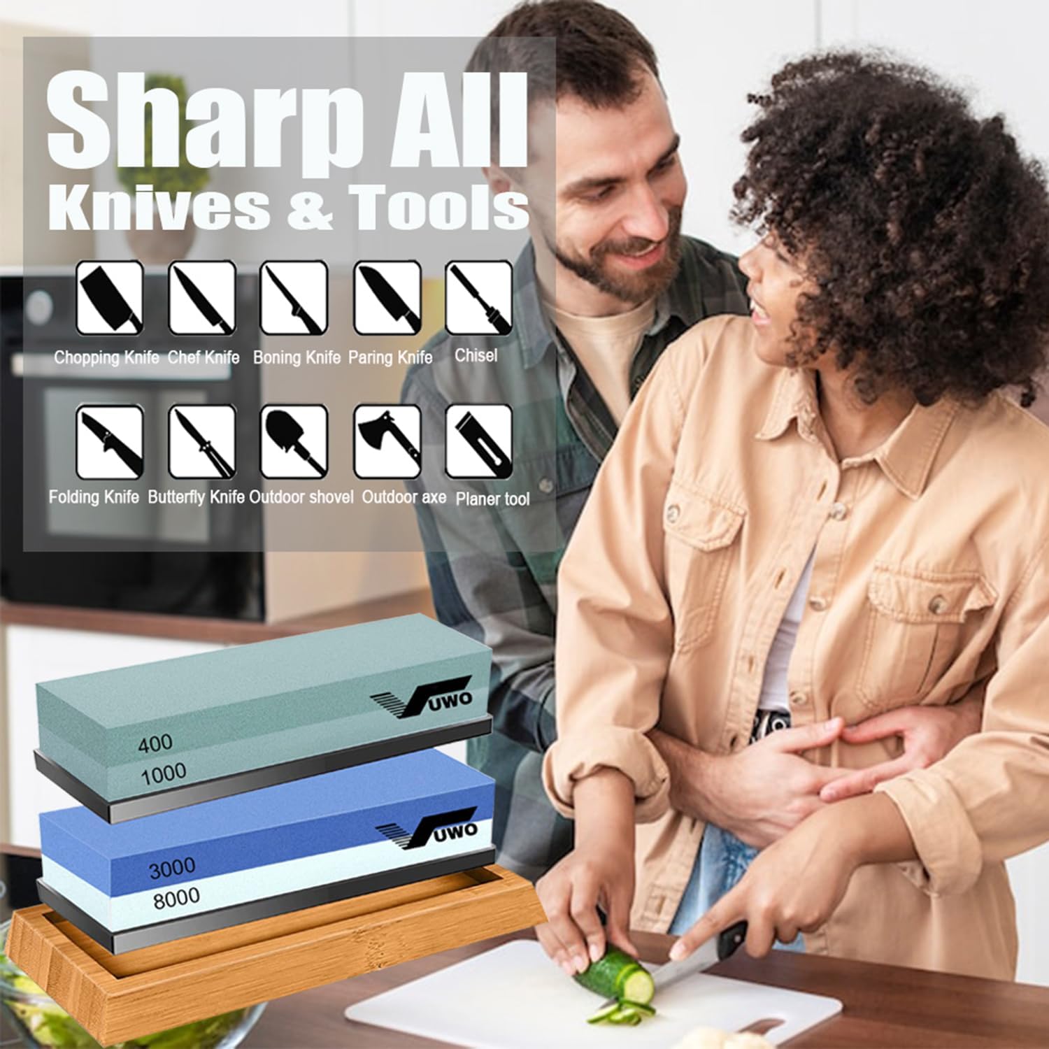 Knife Sharpening Stone Kit - Whetstone Grit 400/1000 3000/8000 Premium Knife Sharpener Wet Stone Set with Bamboo Base Angle Guide Leather Strop Flattening Stone Silicon holder