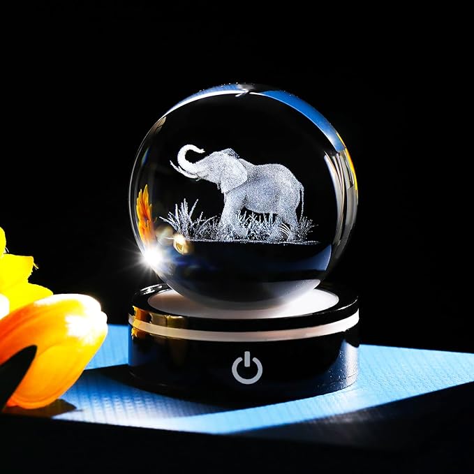 YWHL 3D Elephant Figurine Crystal Ball with Colorful Light Base, Elephant Gift for Women and Men on Christmas or Birthday, 3D Laser Engraved Full Sphere Glass Decorative Ball for Home or Office (80mm)