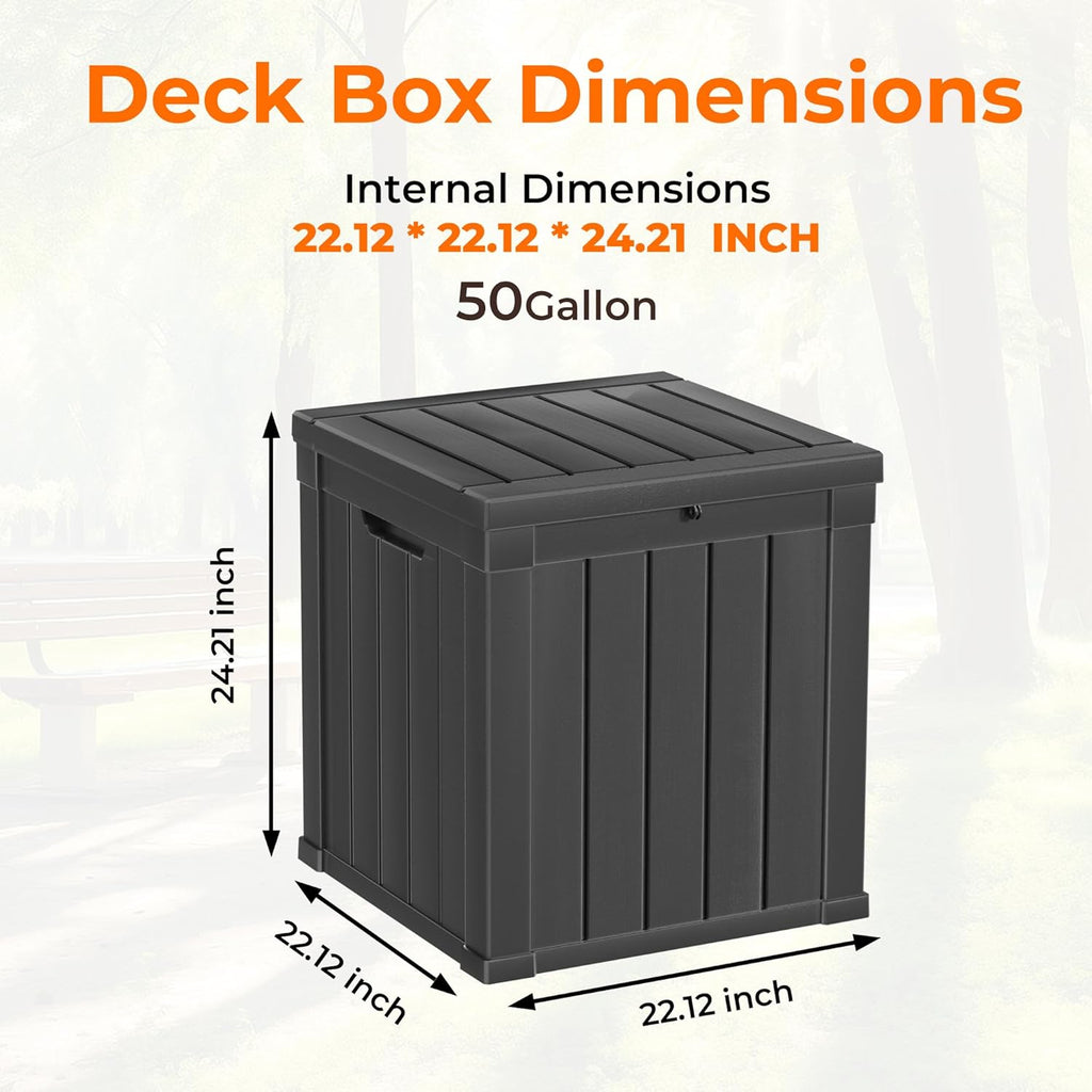 50 Gallon Double-Wall Resin Deck Box - Lockable Waterproof Outdoor Storage Box, 515bs Capacity & Doubles as Seating for Patio Furniture - Garden Tools, Pool Accessories (Black)