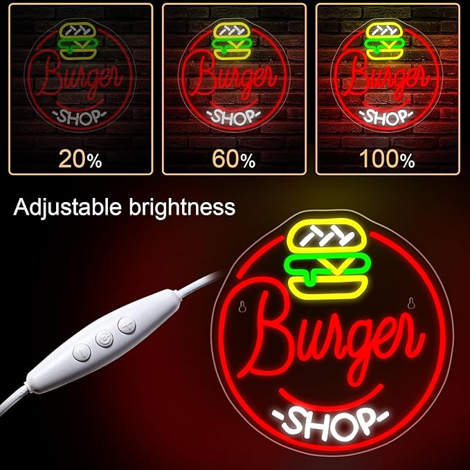 Hamburger Shop Neon Sign Hamburger Neon Signs for Wall Decor Dimmable Hamburger Neon Lights LED Light Up Sign for Hamburger Shop,Bar,Restaurant,Food Shop,Pub Decoration