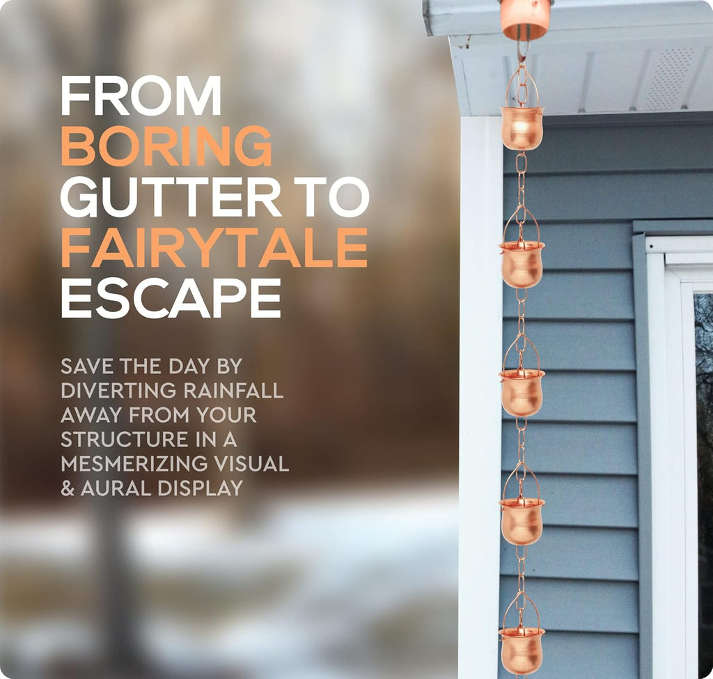 Copper Rain Chain – Decorative Chimes & Cups Replace Gutter Downspout & Divert Water Away from Home for Stunning Fountain Display – 6.5’ Long for Universal Fit – Pot Style