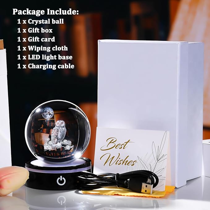 YWHL 3D Owl Figurine Crystal Ball With Colorful Light Base, Gifts for Women Men Lovers on Christmas Birthday, Laser Engraved Sphere Glass Ball for Home Office Decoration (80mm)