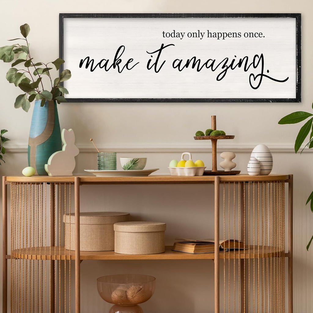 Today Only Happens Once Make It Amazing Wall Art Decor 32x12 Inch Large Inspirational Quote Sign Rustic Living Room Vintage Wood Frame Office Motivational Home Wall Hanging (Black)