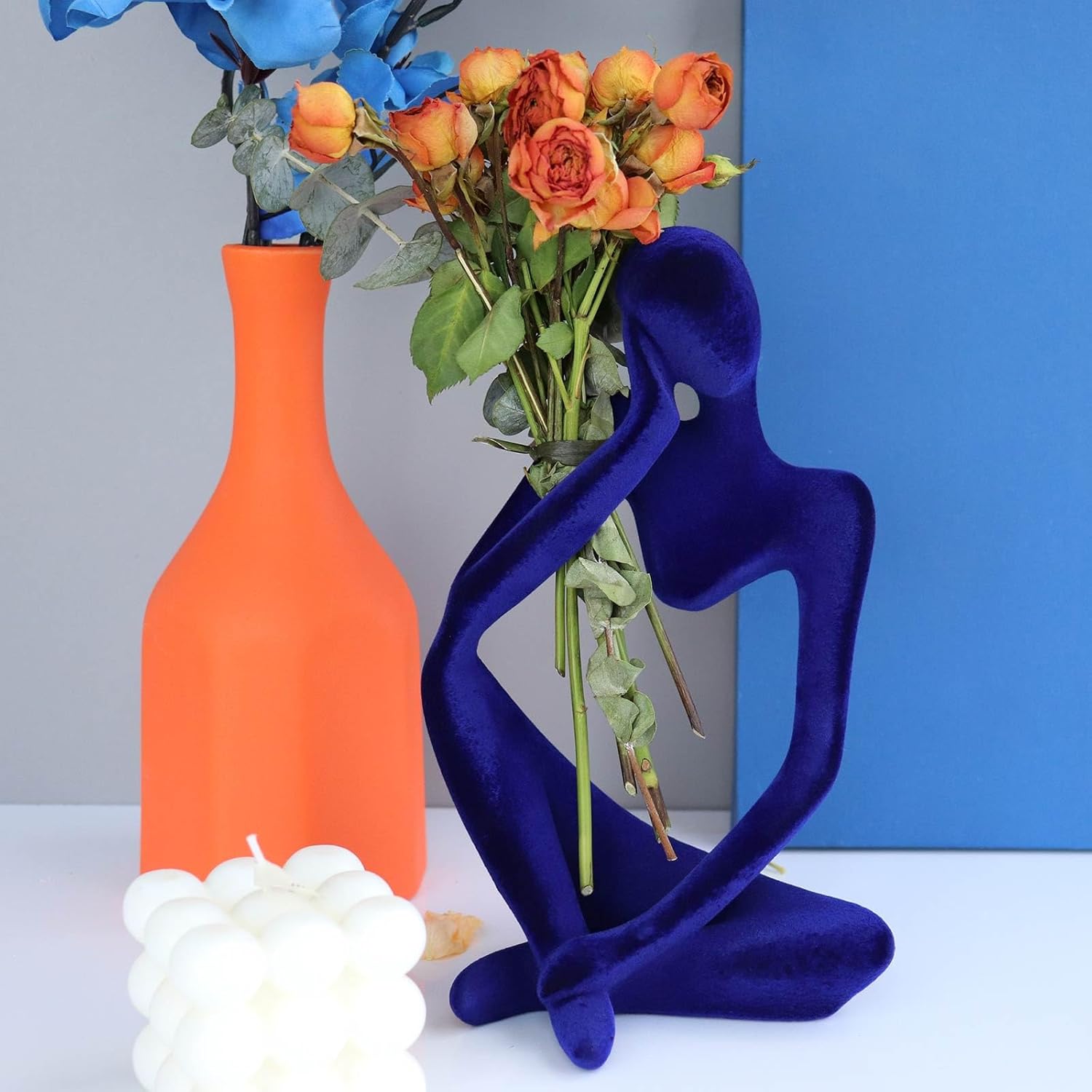 Abstract Thinker Statues and Sculptures, Resin Blue Flocked Thinker Statue Ornaments, Housewarming Gifts, Modern Figurines Decor for Living Room Dining Room Bathroom Office Desk