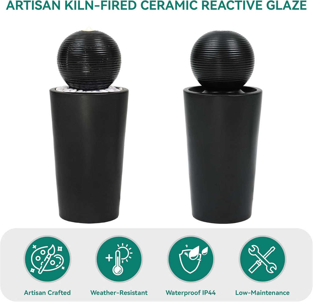 30" H Ceramic Sphere Water Fountain with LED Light, Modern Minimalist Design, Black Glaze with White Pebbles, Soothing Trickling Water Feature, Adding Artistic Charm & Tranquil Ambiance