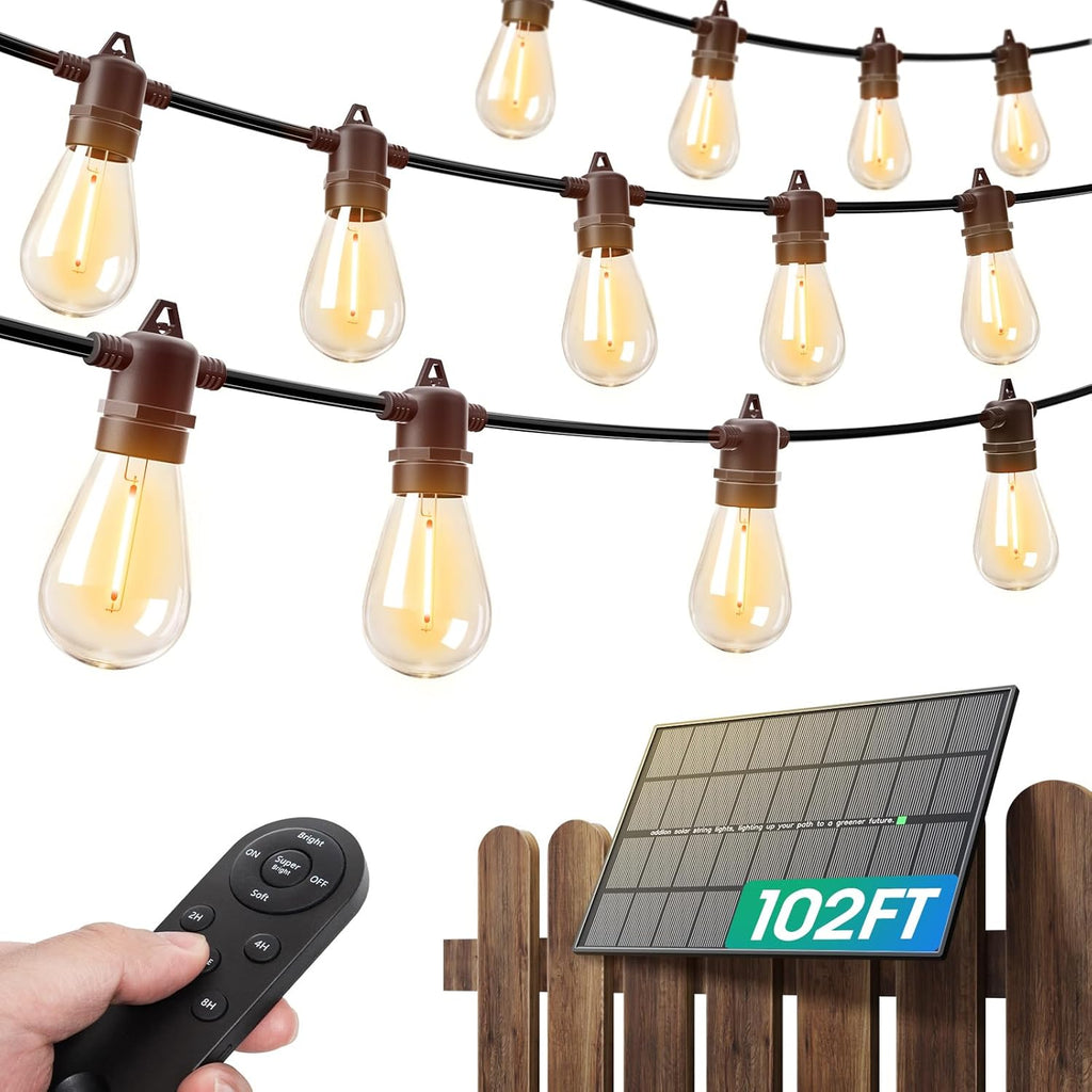addlon 102FT(96+6) Solar String Lights Outdoor Waterproof with 6W Panel USB Charing & Remote Control Patio Lights Long Last for 20+Hrs Dimmable Solar Power LED Bulbs for Porch Garden Market Bistro