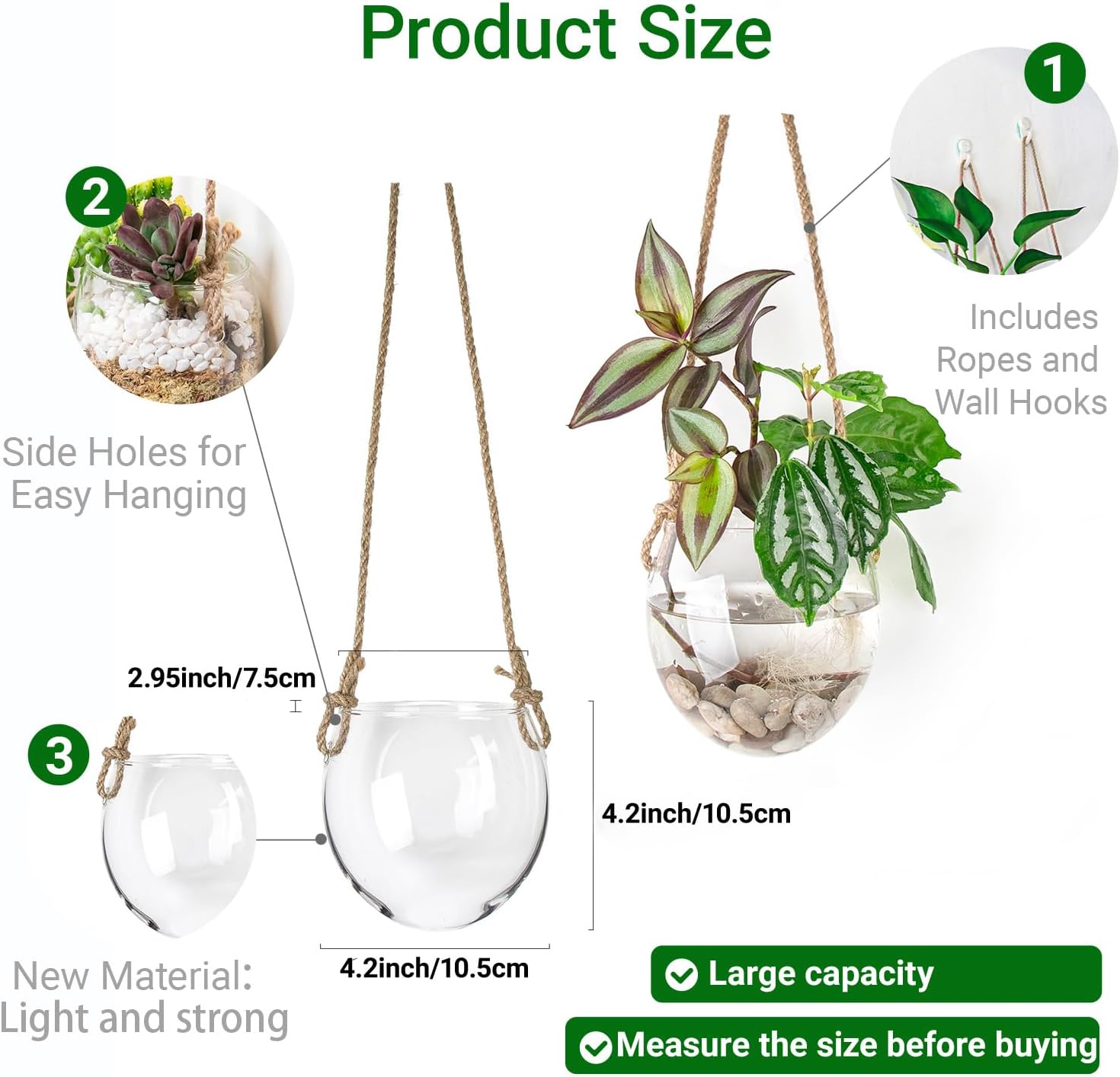 Wall Hanging Glass Planter Air Planter Terrarium Vase Propagation Stations for Hydroponic Plants, Succulent Moss Tillandsias Air Plants Globe,Home Office Garden Decor, Set of 2