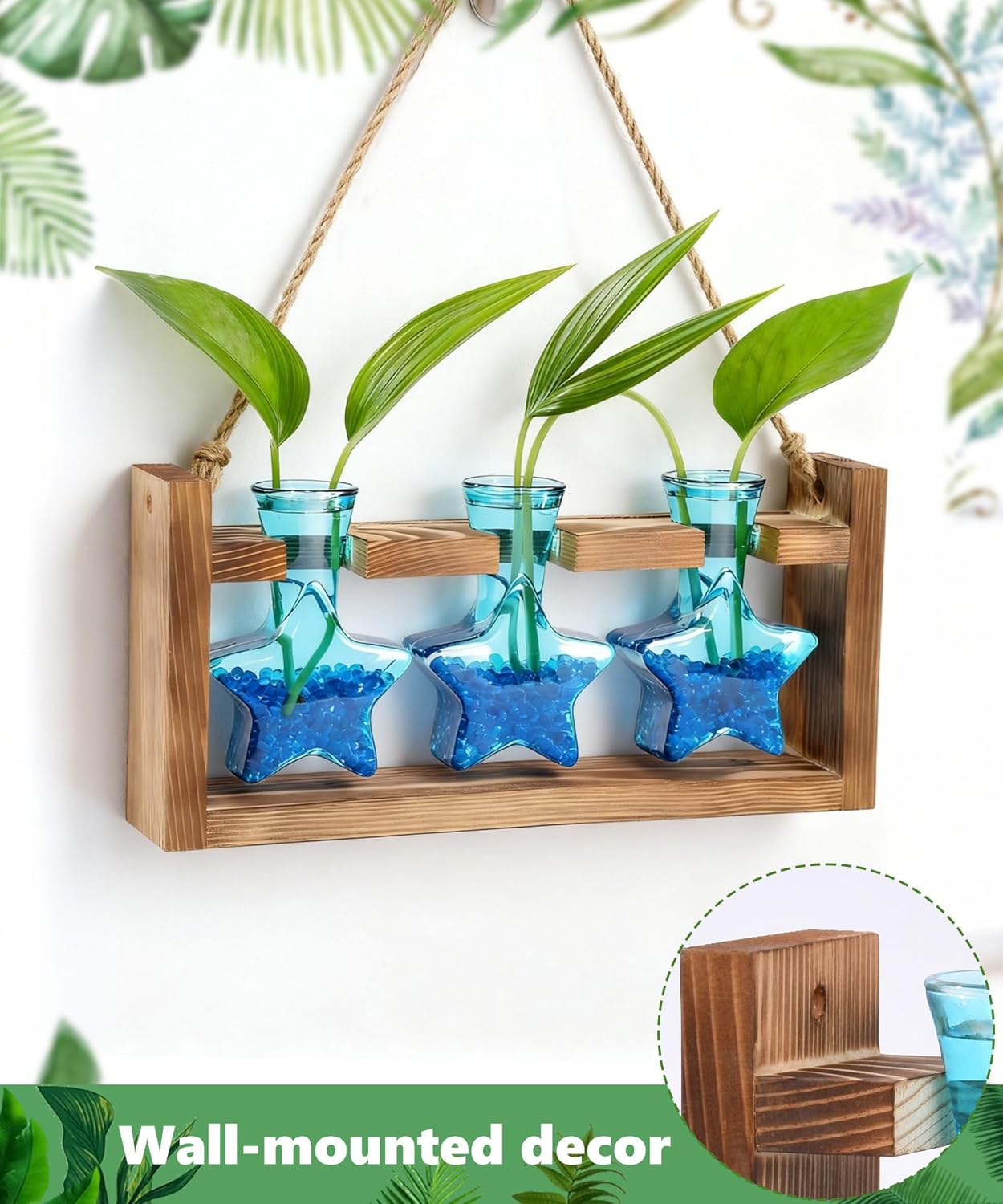 Nacome Plant Terrarium with Wooden Stand,Star-Shaped Planter Propagation Station Glass Vase for Home Office Decor- Unique Gifts for Plant Lovers Women Mom(Blue)