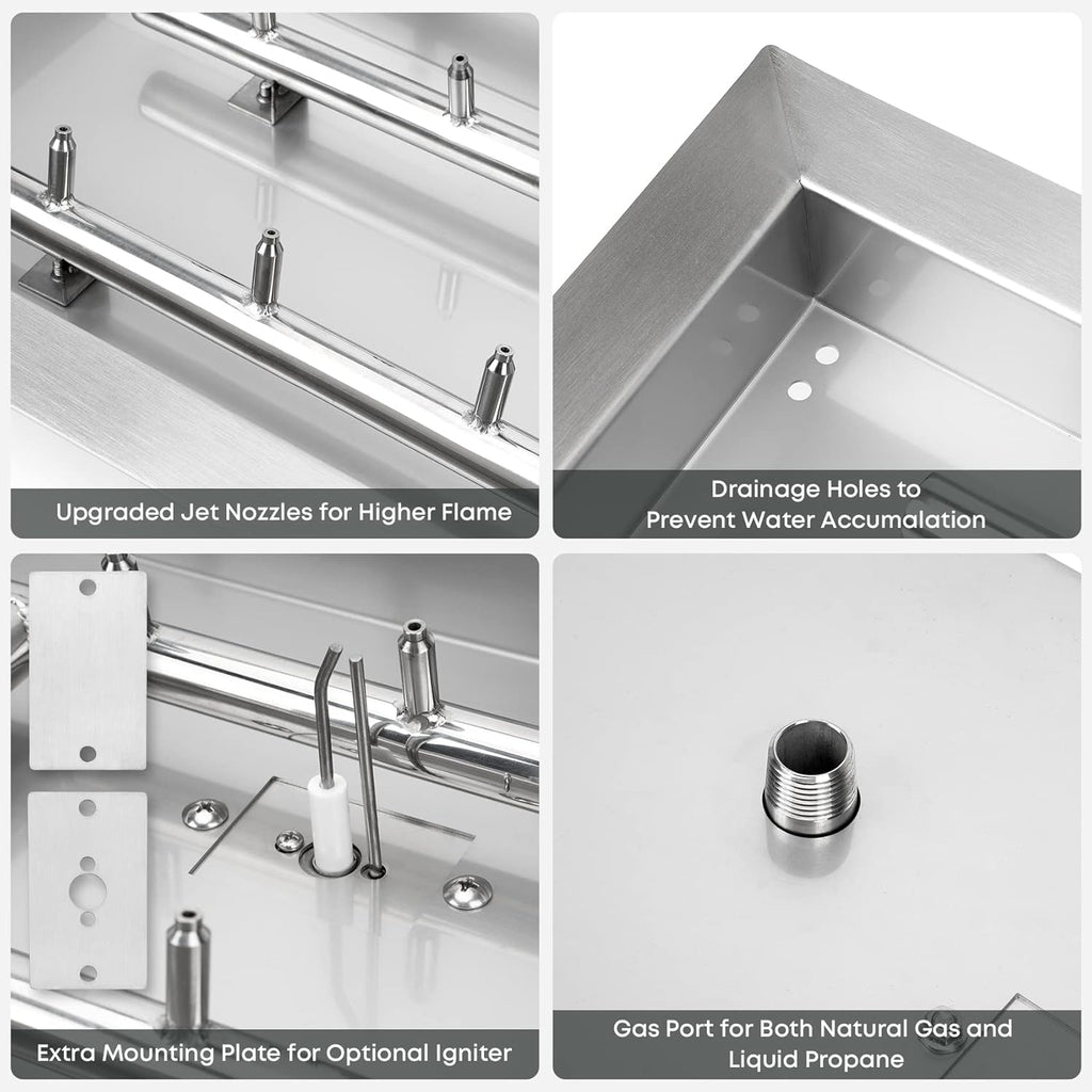 Stanbroil 48 x 14 Inch Upgrade Rectangle Fire Pit Jet Burner Pan, 304 SS Propane Gas Firepit for Outside DIY Fire Pit Table, High Flame, BTU 185,000 Max