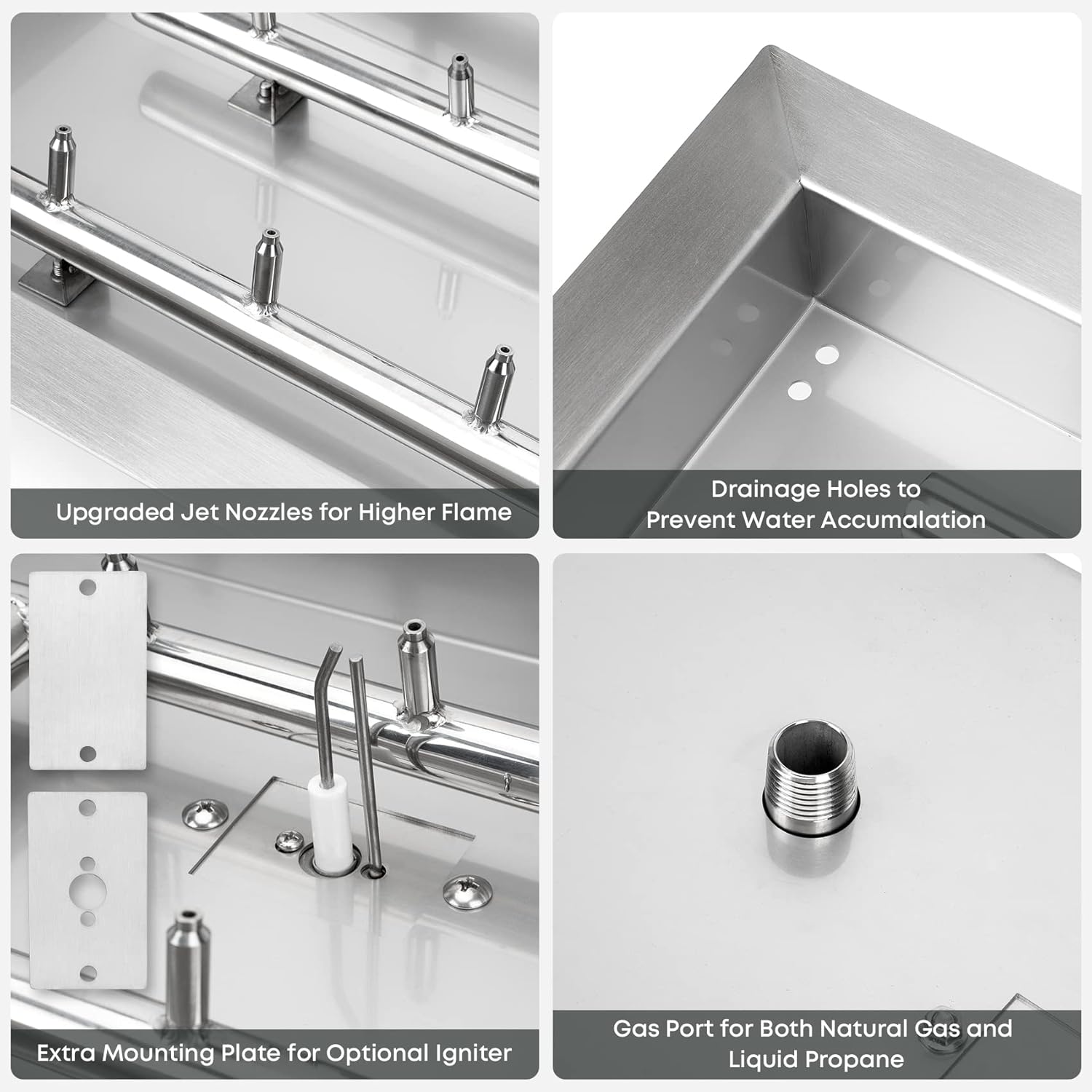 Stanbroil 24" x 8" Upgrade Rectangle Fire Pit Jet Burner Pan, 304 Stainless Steel Natural & Propane Gas Firepit for Outside, High Flame, 90k BTU Max