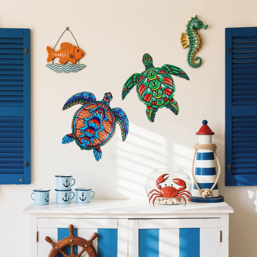 ULENDIS 2 PCS Metal Sea Turtle Wall Art Decor, Ocean Theme Outdoor Wall Decor, Nautical Hanging Decorations for Garden Pool Fence Patio Bathroom Indoor
