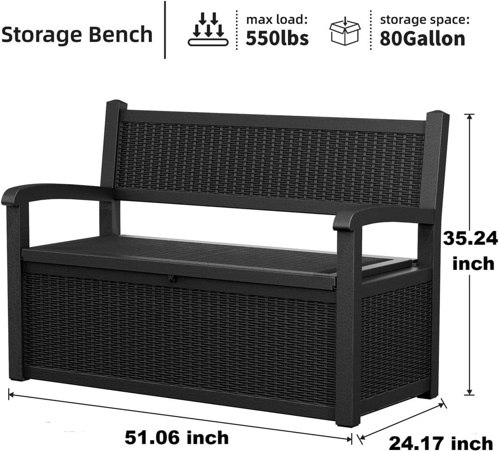 80 Gallon Outdoor Storage Bench Deck Box Waterproof Lockable,Outdoor Storage Furniture for Patio,Garden and Porch,Tools and Cushions（Black）
