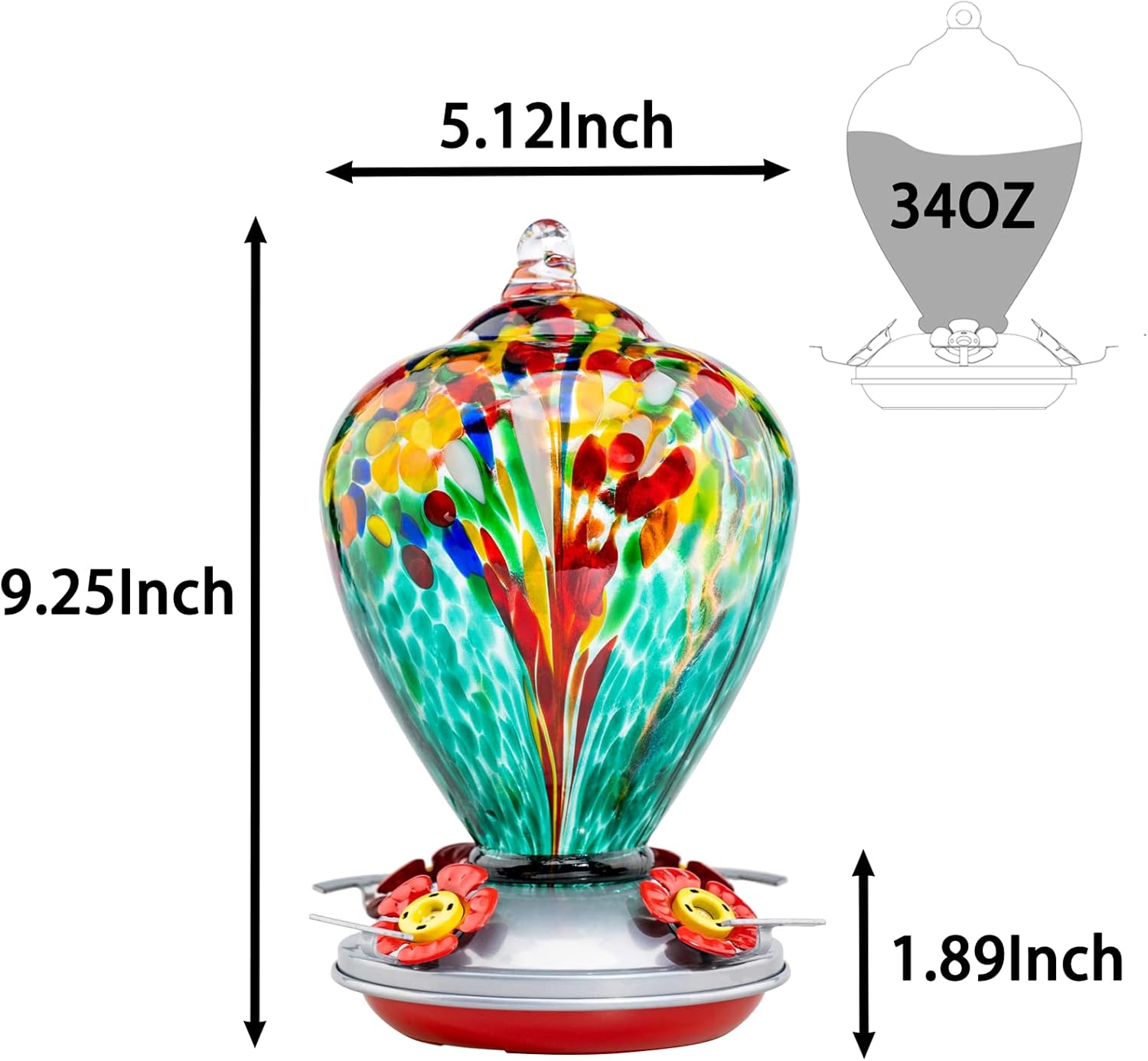 Muse Garden Hummingbird Feeders for Outdoors Hanging, Blown Glass Hummingbird Feeder, Gifts for Mom, Garden Decor for Outside, Unique Gifts Idea for Women, 34 Ounces, Turquoise Fireworks