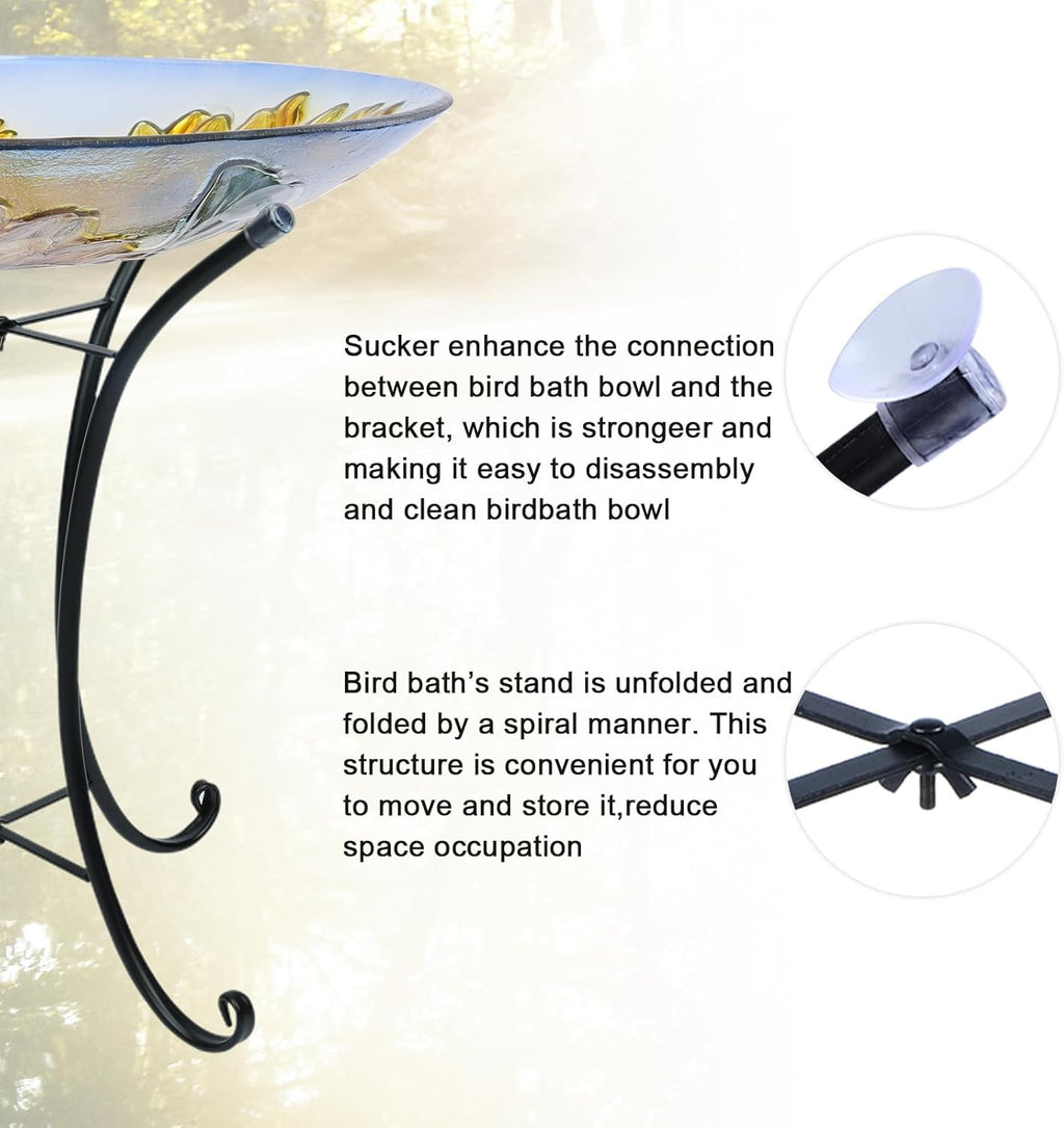 MUMTOP Outdoor Glass Birdbath with Metal Stand for Outside Lawn Yard Garden Sunflower Decor,18” Dia/21.65 Height