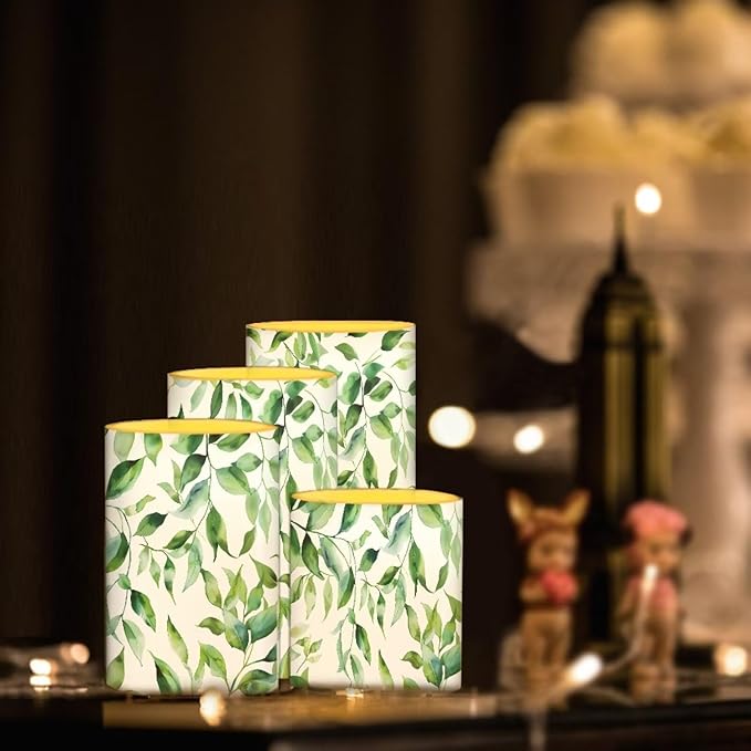 Flameless Candles Battery Powered LED Pillar Candles Tealights with Remote Timer Color Changing Control for Indoor Outdoor Home Desktop Decor Set of 4, Green Leaf White