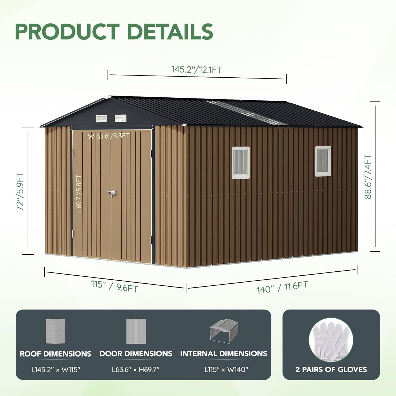 10X12X7.5 FT Outdoor Steel Storage Shed with Lockable Doors, 2 Windows, Transparent Roof Panels (Wood Panels & Frame Floor Not Included), Ideal for Patio Storage,Garbage Can, Chicken Coop，Brown