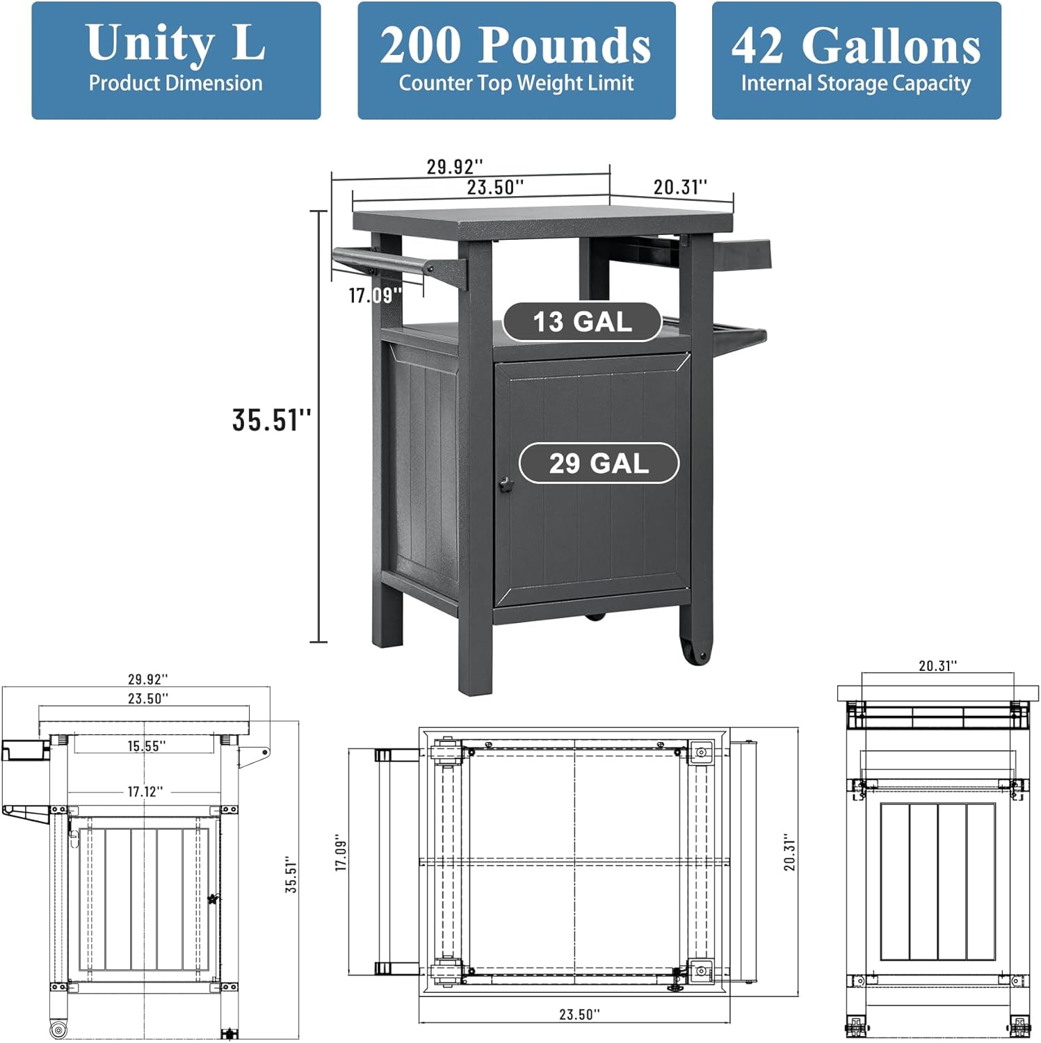 Grill Cart Outdoor with Storage Cabinet, Portable Rolling Patio Bar Cart with Wheels, BBQ Prep Table, Movable Stainless Steel Kitchen Island Dining Cart for Food/Drink/Cooking -Grey