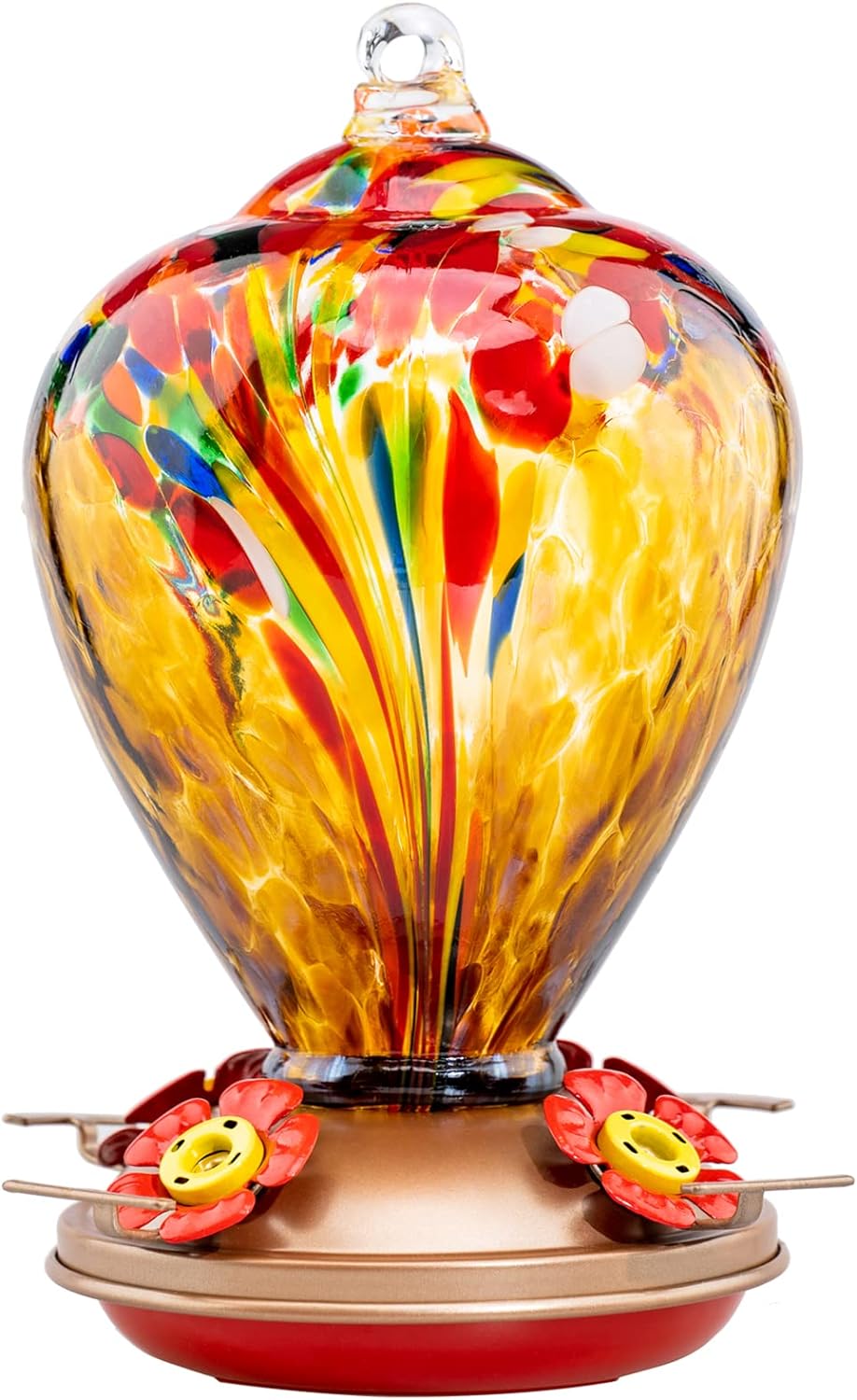 Hummingbird Feeder, 34OZ Hand Blown Glass Hummingbird Feeders for Outdoors Hanging, 4 Feeding Perch with Ant Moat Leakproof, Garden Yard Decor Gifts for Women Mom (Golden Balloon)