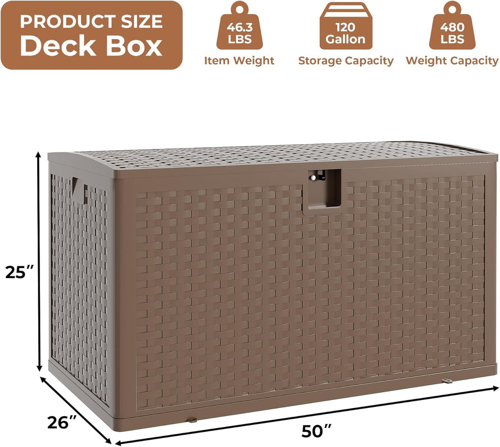 120Gallon Brown Resin Deck Box, Outdoor Storage Box Waterproof Lockable, Patio Deck Box For Package Delivery, Outside Storage Box Container for Furniture Cushions, Garden Tools, Pool Accessories