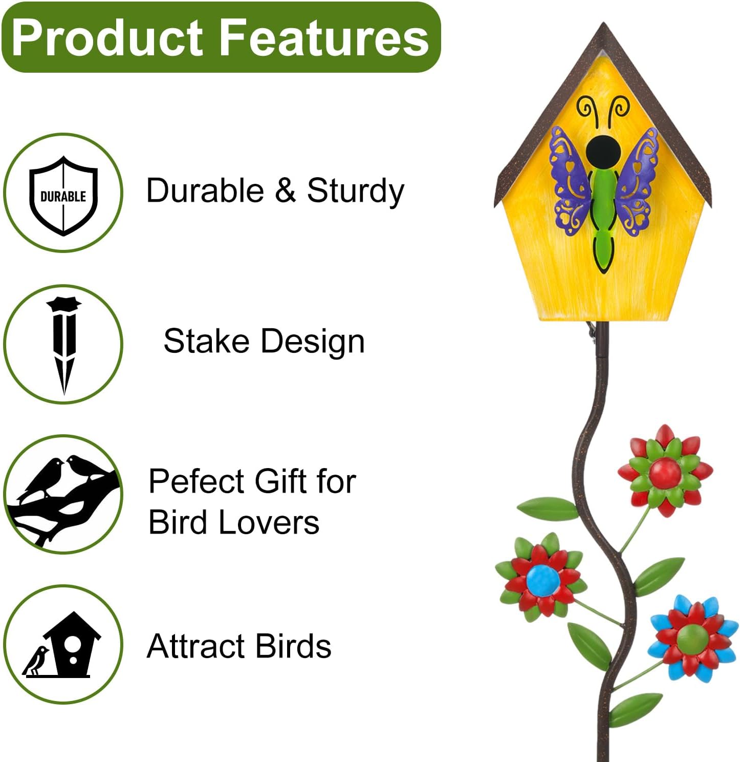 51” Bird Houses Stake for Outside, Metal Wild Bird Feeder Birdhouse Stake Pole with Butterfly Design Outdoor Decorations for Patio, Backyard, Garden
