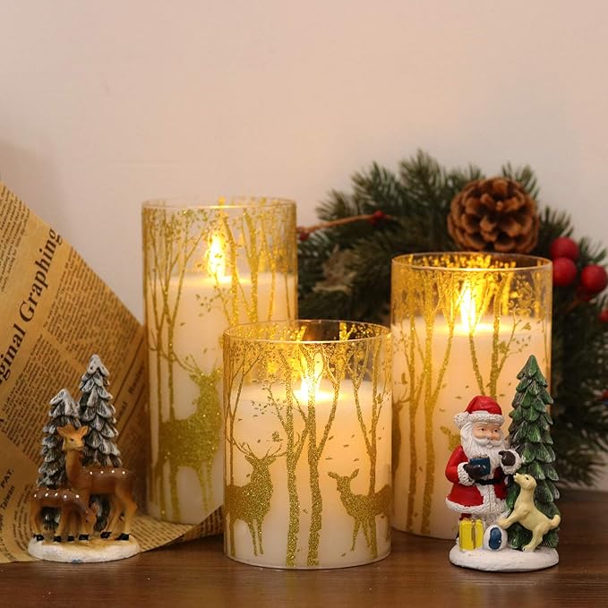 Christmas Deer Flameless Candles with Remote Timer, Glass Battery Operated Pillar Candles with Gold Elk Decor, LED Flickering Candles with 3D Wick and Real Wax for Winter Christmas Home Decor