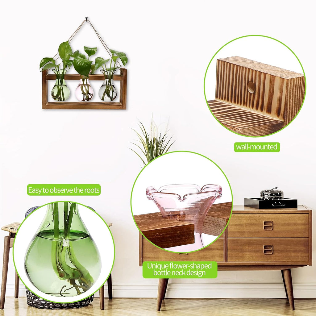 Plant Propagation Station Plant Terrarium Unique Birthday Gifts for Women Home Office Decor Planter with Wooden Stand - 3 Bulb Glass Vase