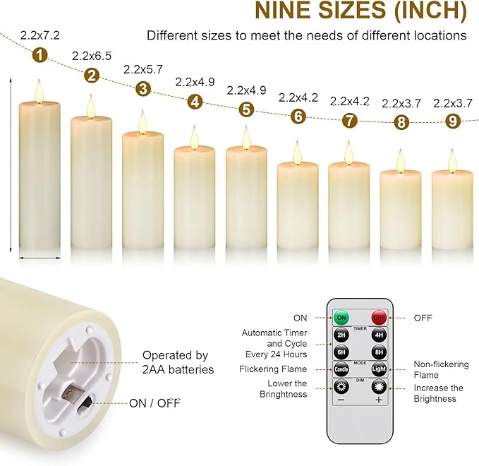 Flameless Flickering Battery Operated Candles 9PACK Real Wax Pillar LED Candles with 10-Key Remote Control and 24 Hours Timer for Wedding, Party, Home Decoration (Ivory)