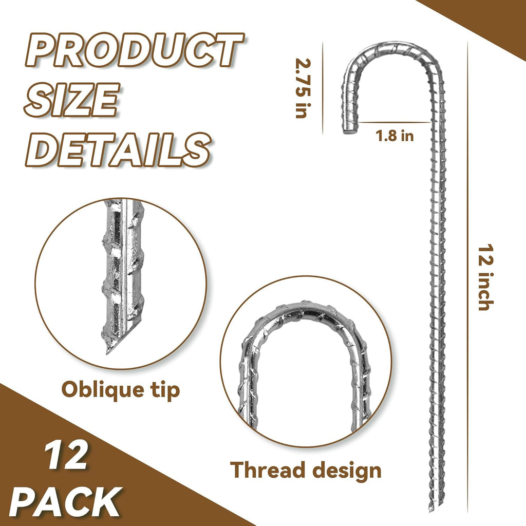 12 Pack 12 Inch Rebar Stakes Heavy Duty J Hook Ground Anchors, Anti Rust Metal Steel Tent Stakes Garden Fence Stakes, Silver