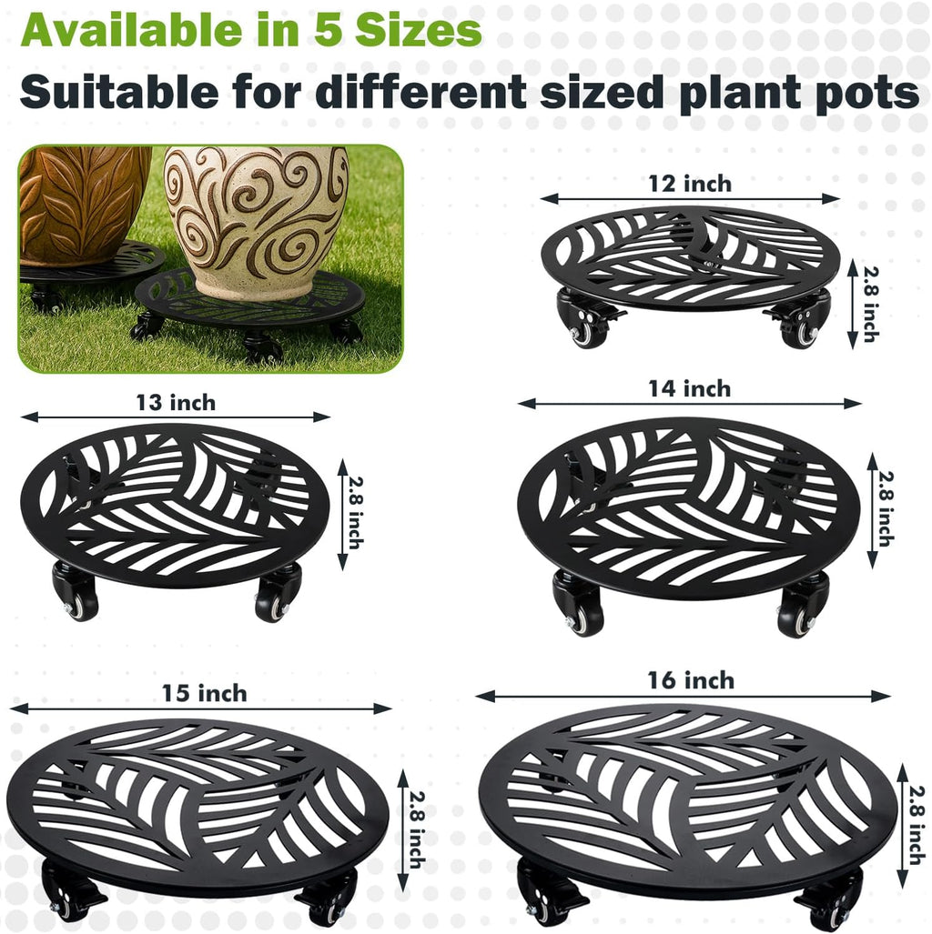 1 Pack 12 inches Large Metal Plant Caddy with 3 PU Metal Wheels Rolling Plant Stand with Casters Indoor Outdoor Wheeled Planter Roller Base Pot Movers Plant Dolly Coaster Trolley Black