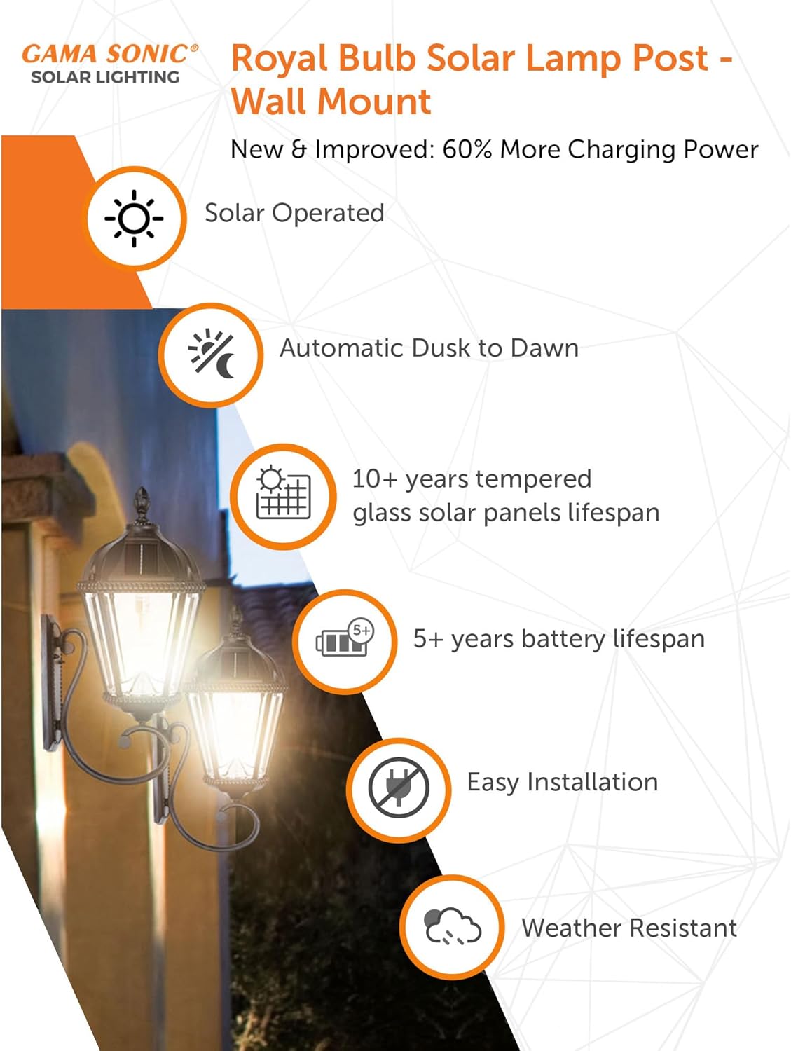 Gama Sonic Solar Outdoor Wall Light, Royal Bulb Exterior Sconce Lamp, Black Cast Aluminum, Clear Beveled Glass, Warm White LED with Omni-Direction Reflector, Large 21-Inch Height, 98B010 (Upgraded)