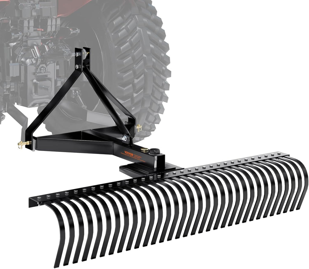 VEVOR Tow Behind Dethatcher, 60-inch Tow Dethatcher with 32 Steel Tines, 3-Point Lawn Dethatcher Rake with Attachments for Tractor, Landscape Rake for Garden, Farm, Grass