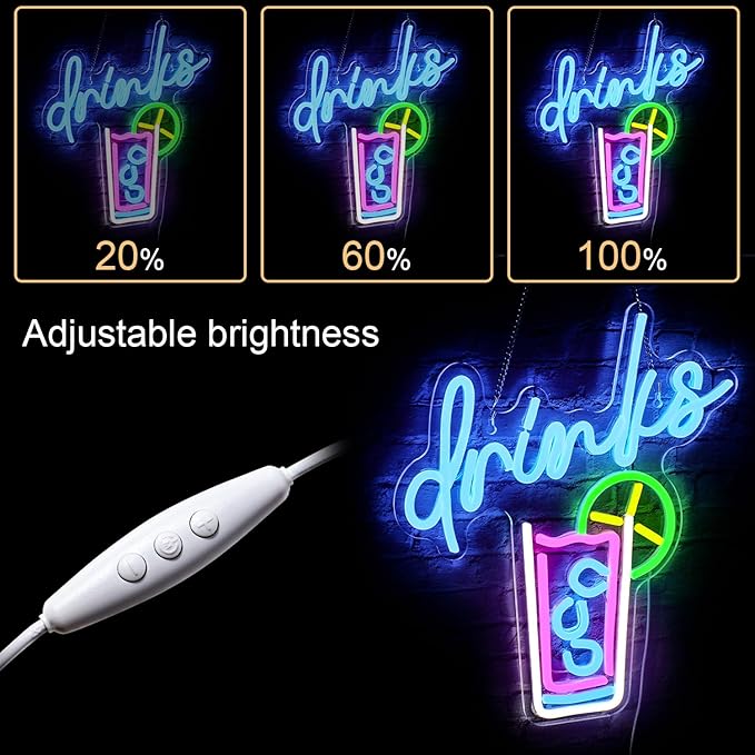WLHOPE Drinks Neon Signs Cool Drink Cup LED Neon Lights for Wall Decor, USB Cocktail Art Wall Lights for Home Bar Club Hotel Restaurant Cafes Shops Wedding Birthday Party