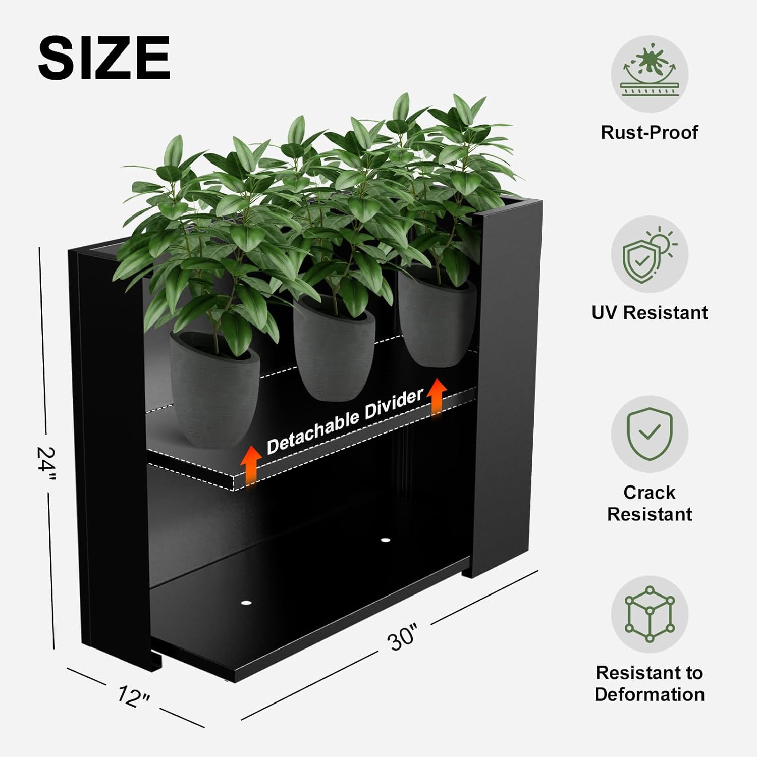 Metal Planter Box, Outdoor Heavy Duty Metal Garden Planter Spliced Flower Pot with Partitions, All-Weather Use with Drainage Holes for Patio/Porch-30 x 24" x 12"