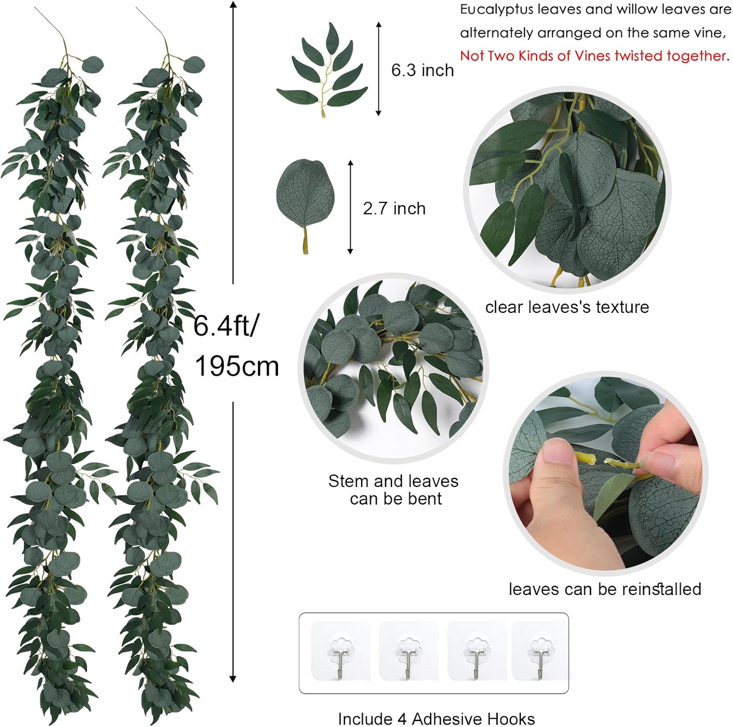 RECUTMS 2Pack Artificial Eucalyptus Garland with Willow Leaves 6Feet Fake Hanging Plant Silk Eucalyptus Willow Leaves Ivy Garland Faux Greenery for Indoor Outdoor Wedding Party Home Table Arch Decor