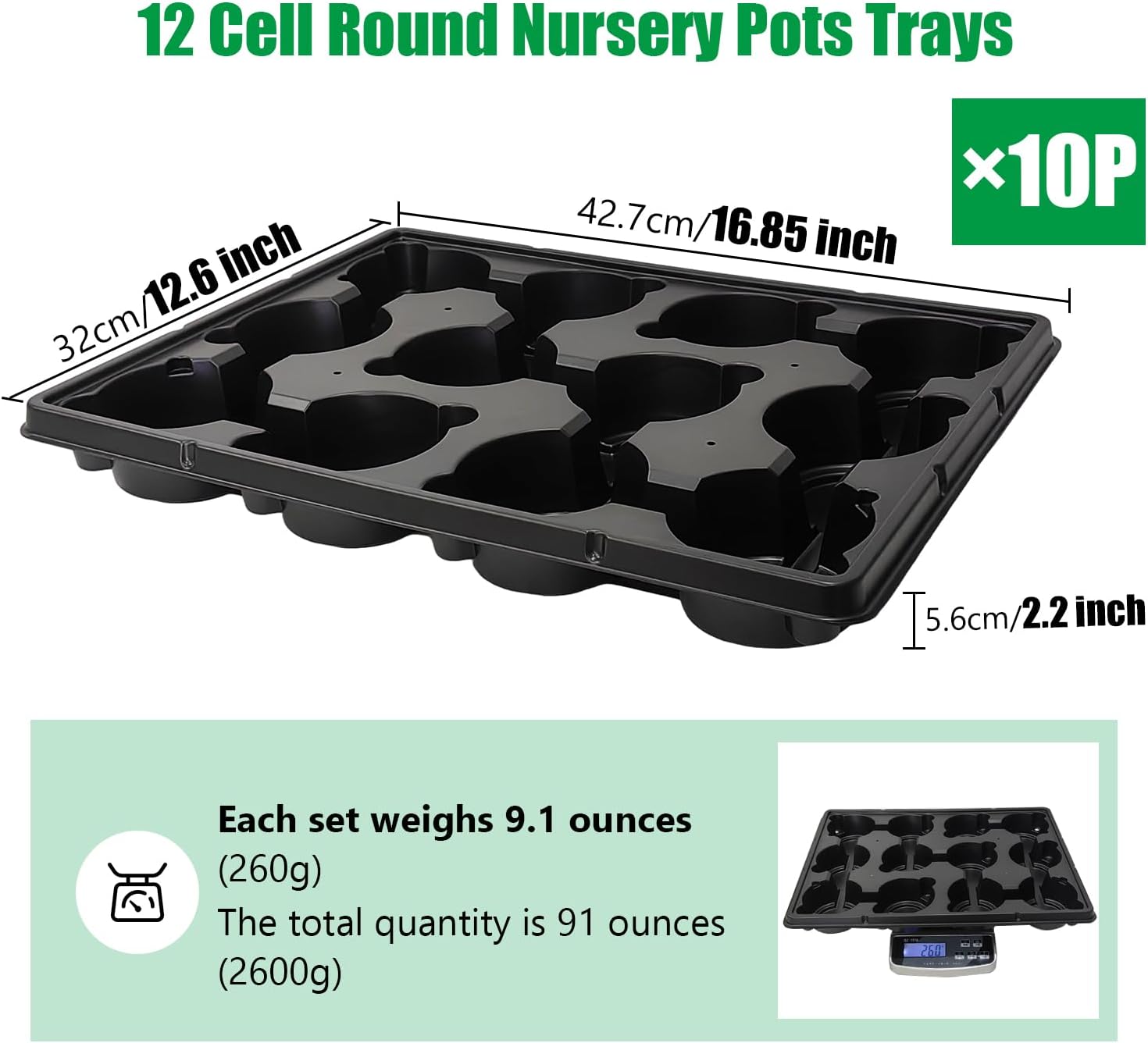 12 Cell Round Nursery Pots Trays Thickened Durable Seedling Pots Shuttle Carrying Trays for Holding 4 inch Nursery Pots (16.85" × 12.6", 10-Pack)