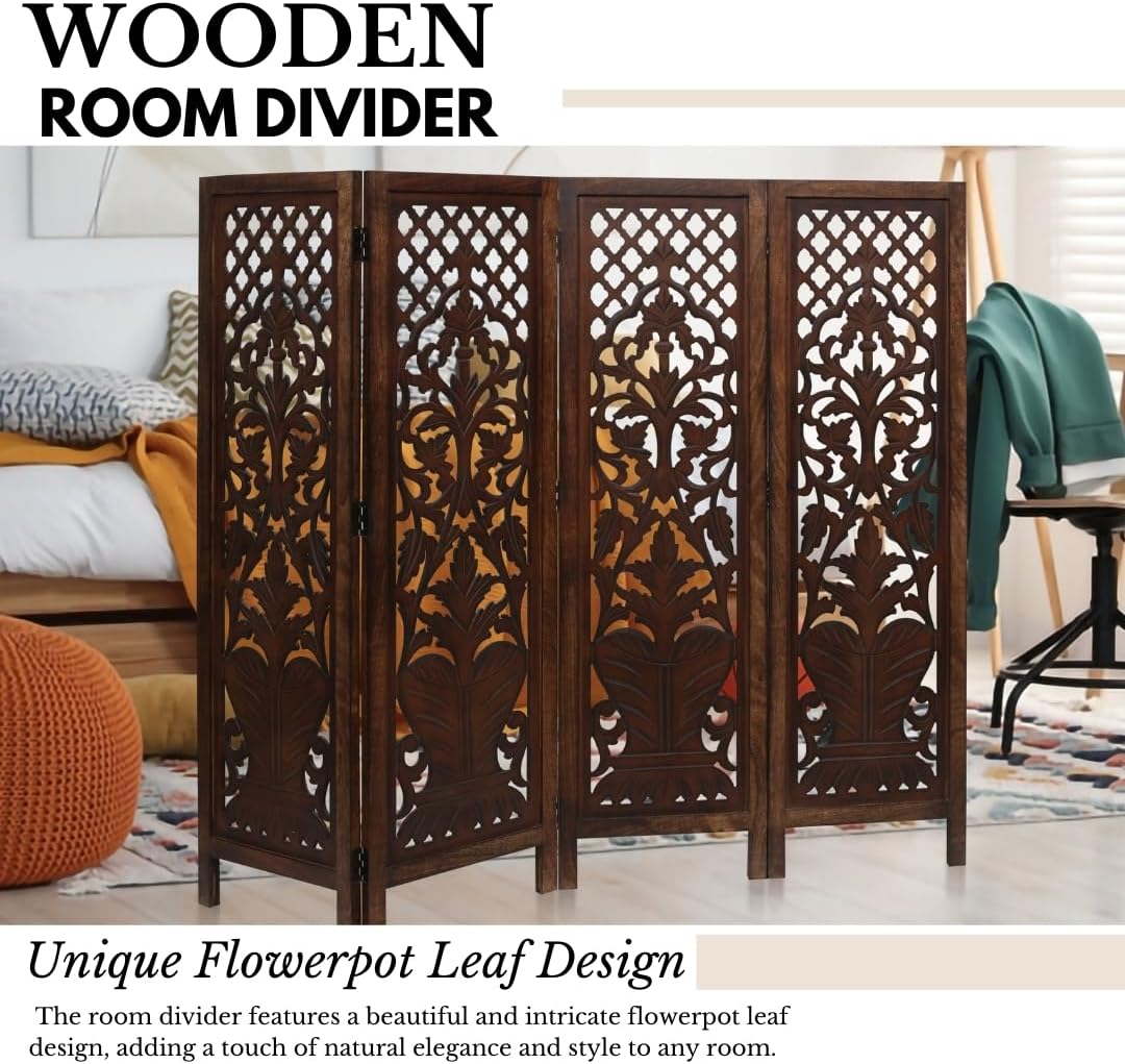 Room Divider Wood Screen Panel – Burnt Brown, 4-Panel Folding 64"x54", Hand-Carved, Reversible Privacy Partition, Decorative & Functional Portable Room Divider for Home or Office