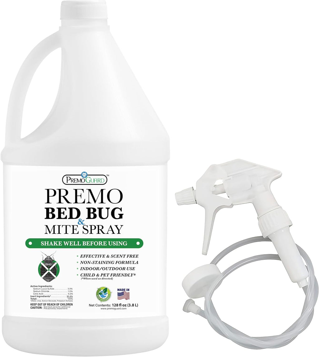 Premo Guard Bed Bug Killer Spray 128 oz - University Tested 100% Kill Rate - Natural Non Toxic, Stain & Scent Free - Kill Bedbugs & Mites On Bed & Blankets, Furniture, Clothing - Child & Pet Safe