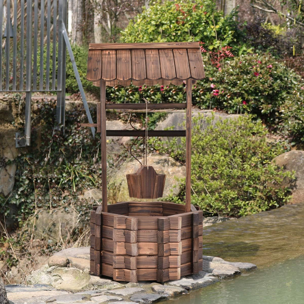 S AFSTAR Outdoor Wishing Well Planter, Wooden Rustic Flower Planter w/Hanging Bucket, Outside Decorations for Yard Garden Patio