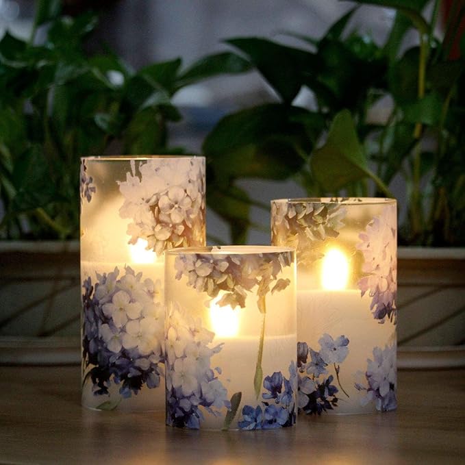 Floral Flameless Candles Decorative Battery Operated with Remote Hydrangea Flowers Romantic Lovers Flickering Pillar Candles for Wedding Tray Centerpiece Home Decor