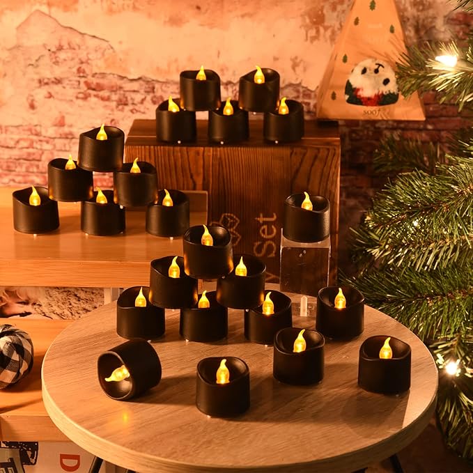 JOSU Flameless Candles Halloween Decorations, 24PCS Tea Lights Candles Battery Operated, Realistic Votive Tealights with Warm Light for Christmas Decors Outdoor(Black)