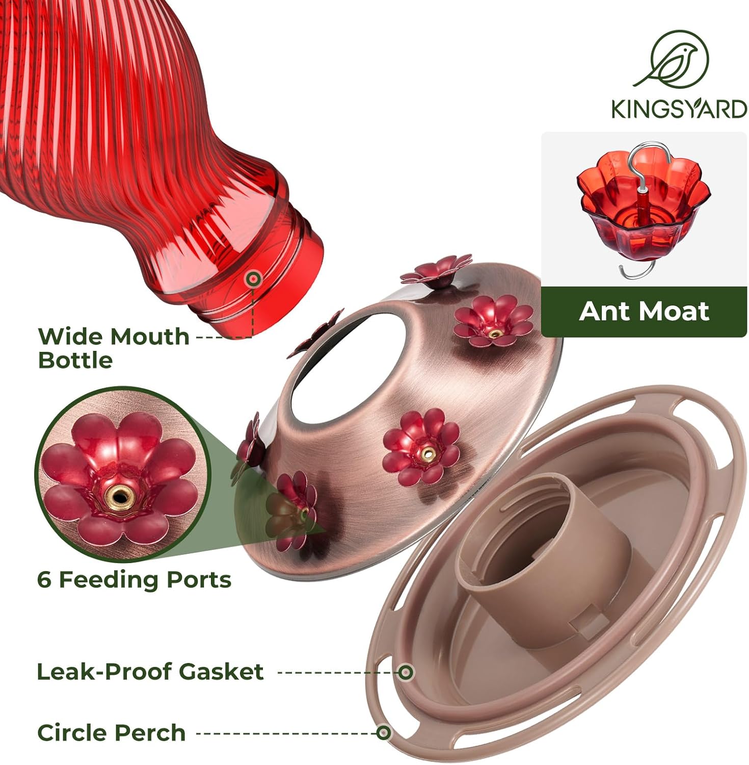 Kingsyard Glass Hummingbird Feeders for Outdoors, 24 oz Hummingbird Nectar Feeder for Outdoors Garden Porch Fall Decorations, 6 Feeding Ports, Ant Moat Included, Easy to Clean & Refill, Red