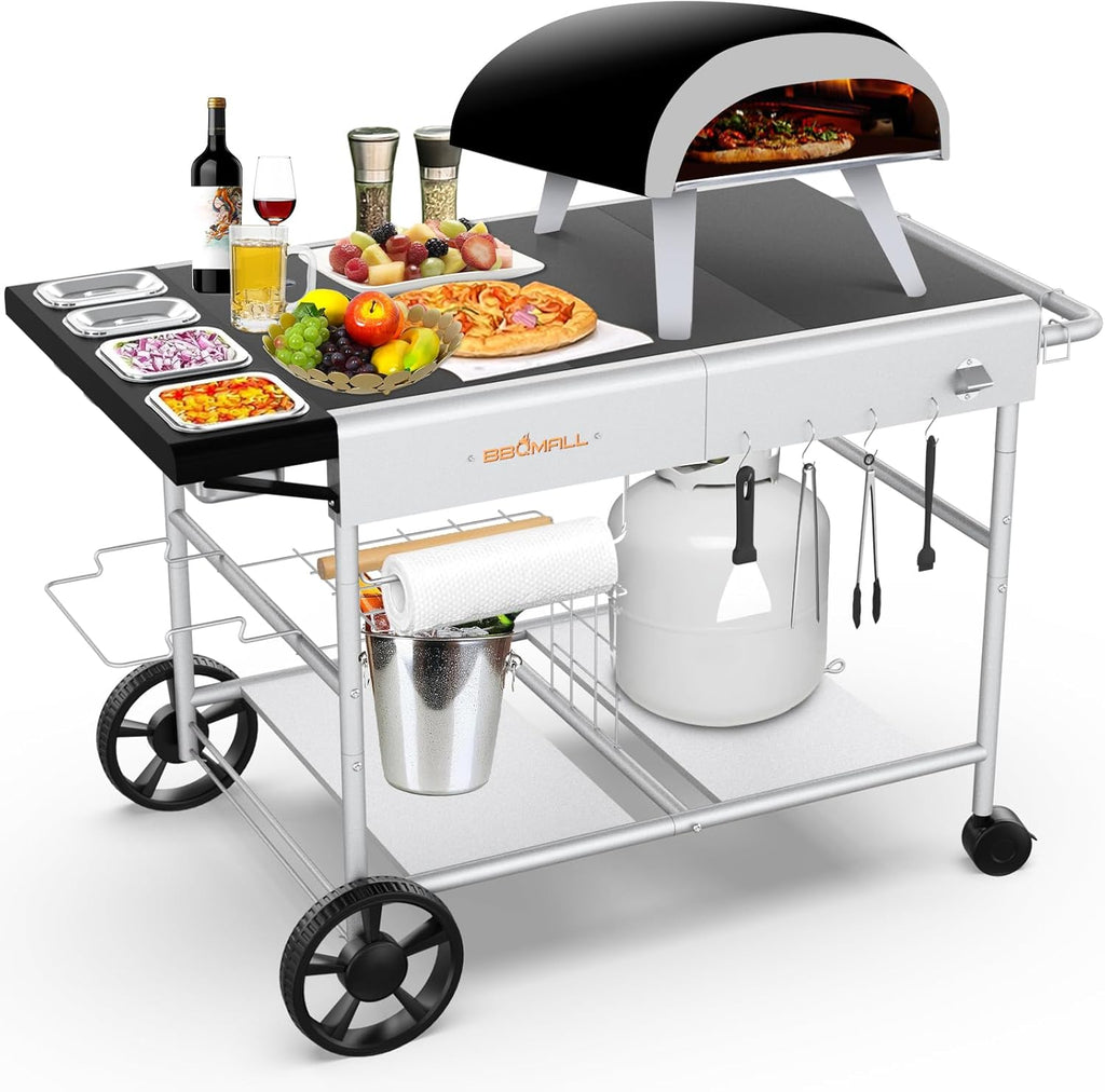 Pizza Oven Table Grill Cart with Pizza Topping Station Movable Food and Prep Workcart Outdoor Grill Table Stand for Ninja Woodfire Blackstone Griddle Cuisinart etc Grill