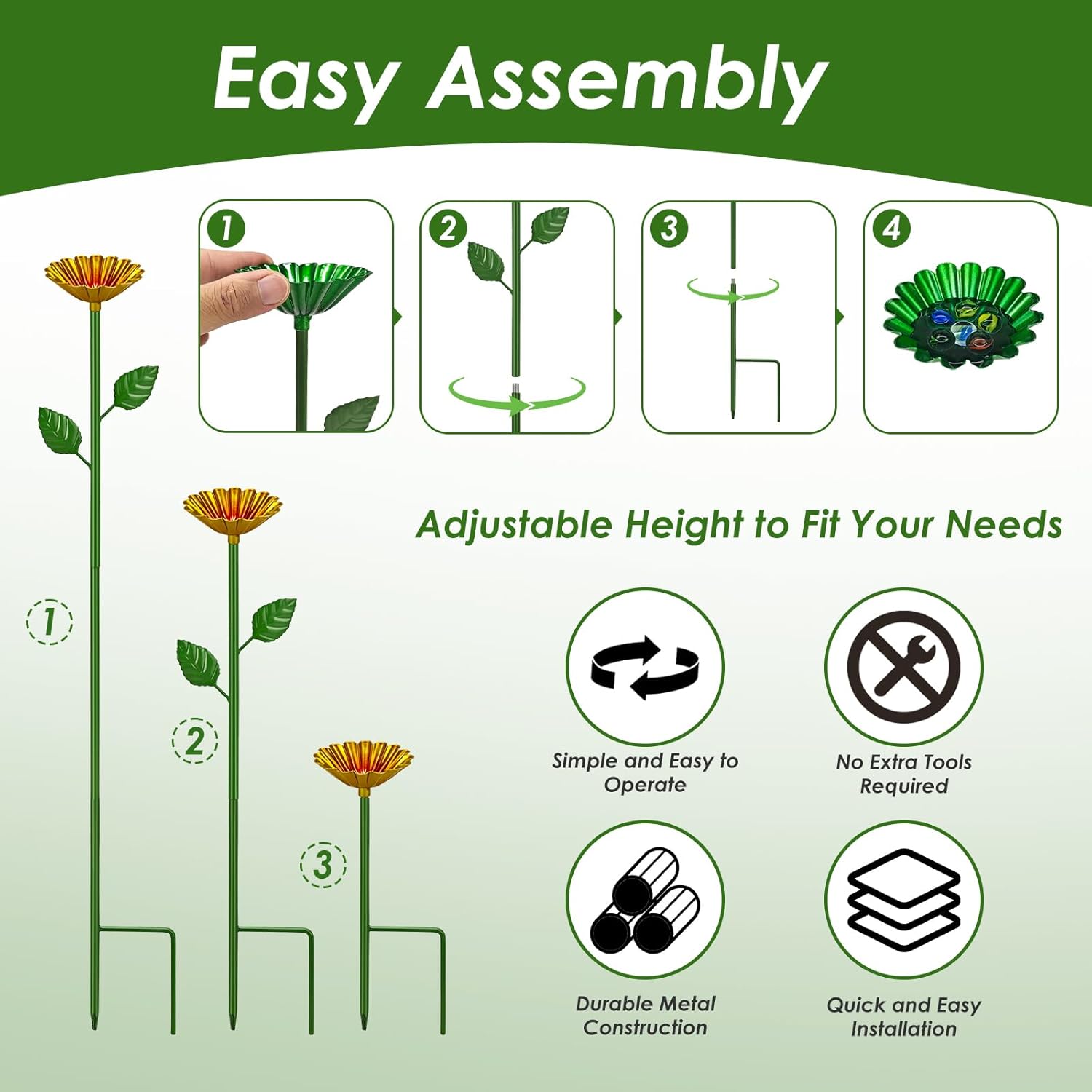 4 Pcs Metal Bee Watering Station for Garden - Height-Adjustable Bee & Butterfly Feeder with 20 Glass Marbles, Colorful Flower Design Bee Bath Bowl for Outdoor Yard Decor