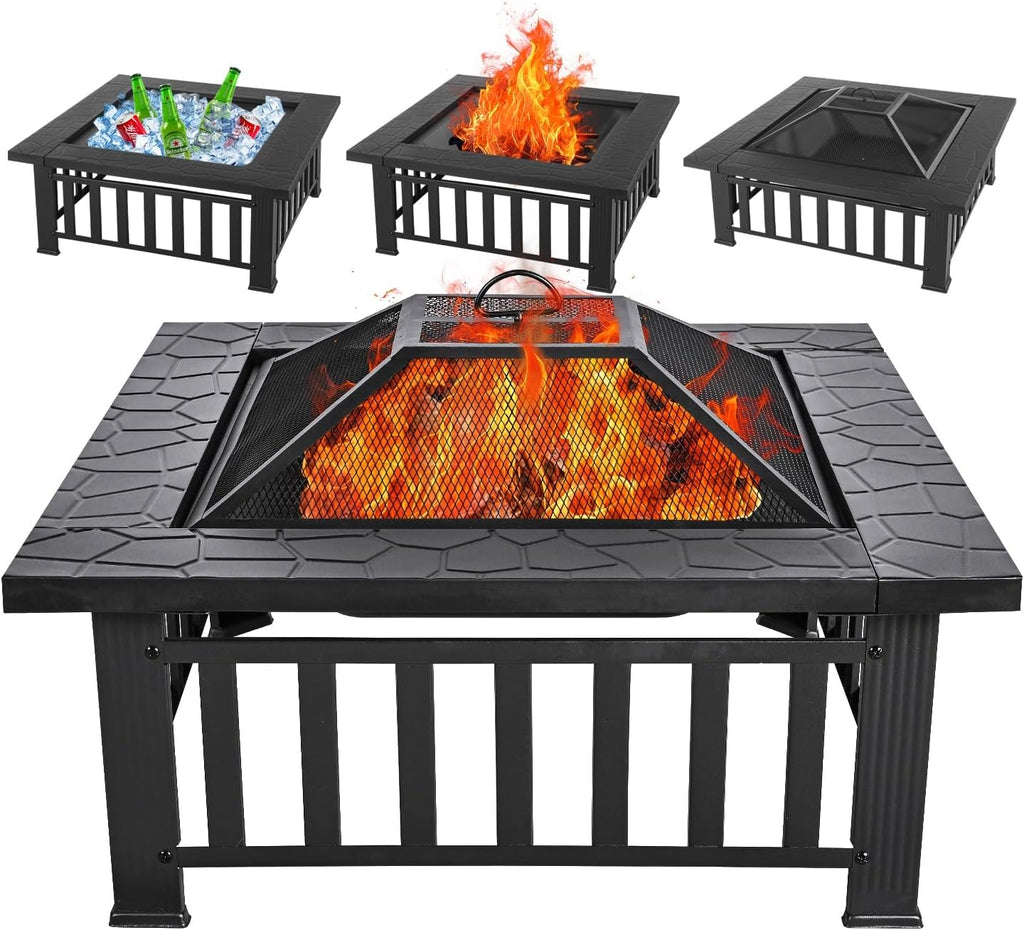 Multifunctional Fire Pit Table 36 inch Square Metal Firepit Stove Backyard Patio Garden Fireplace for Camping, Outdoor Heating, Bonfire and Picnic