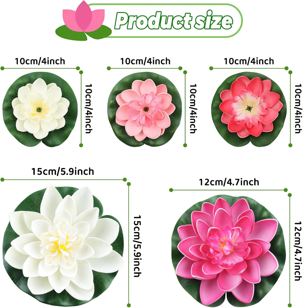 10PCS 3 Sizes Artificial Foam Lotus Floating Flowers with Water Lily Pad Ornaments for Home Garden Pond Decor Pools Water Decorations, Pink and White