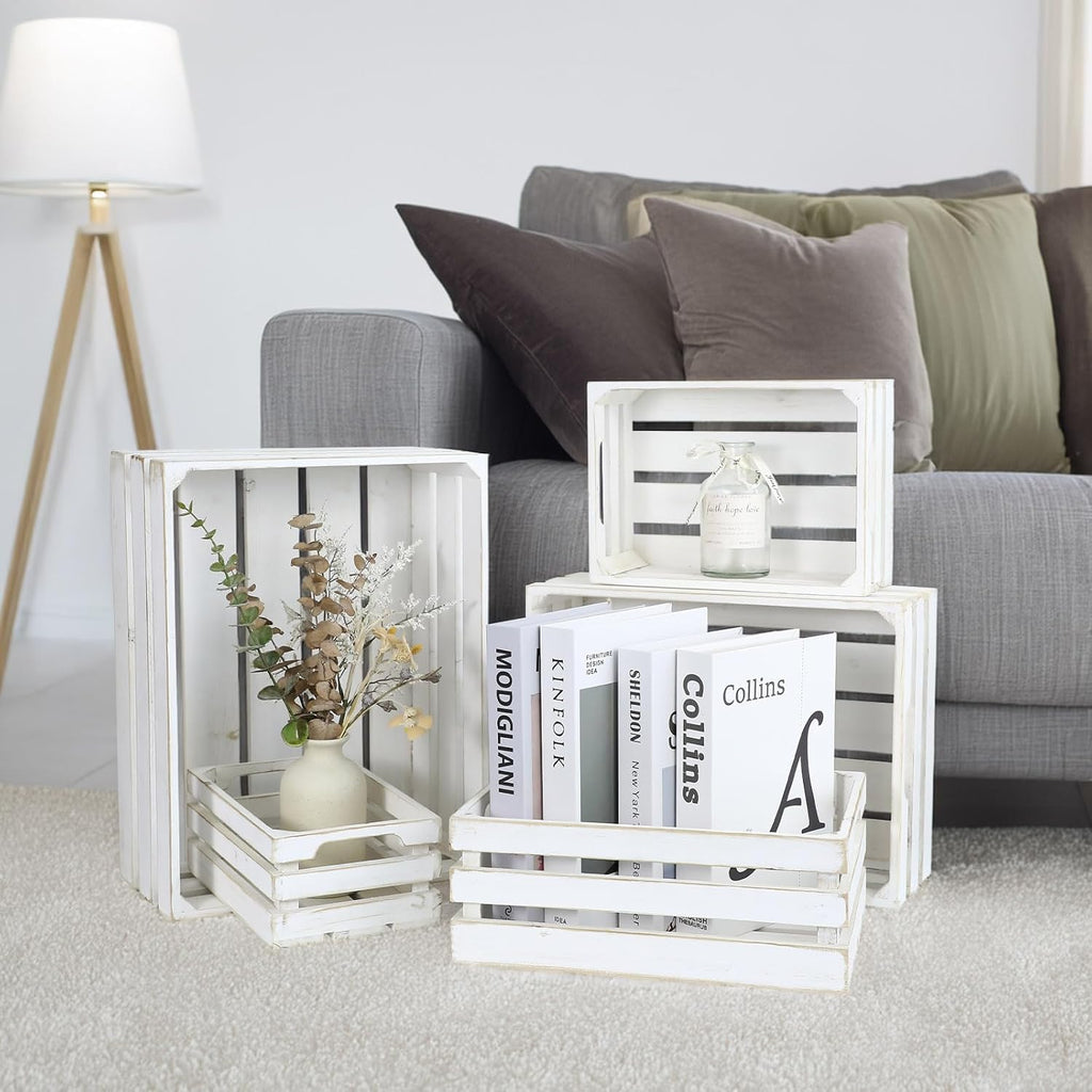 5-Piece Farmhouse Wooden Crate Set - Rustic Wooden Crates for Display and Storage, Large Whitewashed Decorative Crates, Farmhouse Apple Crates, Painted Wood Crates for Decor