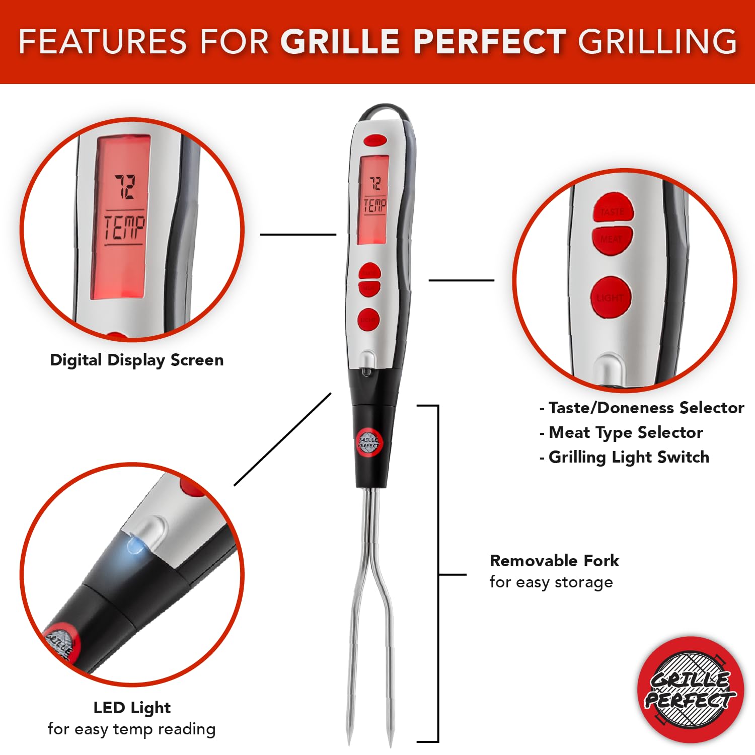Digital Meat Thermometer Fork for Grilling and BBQ Fast Read Electronic Probes with Ready Alarm Quick Accurate Barbecue Temperature for Steak Chicken Hot Grilled Food