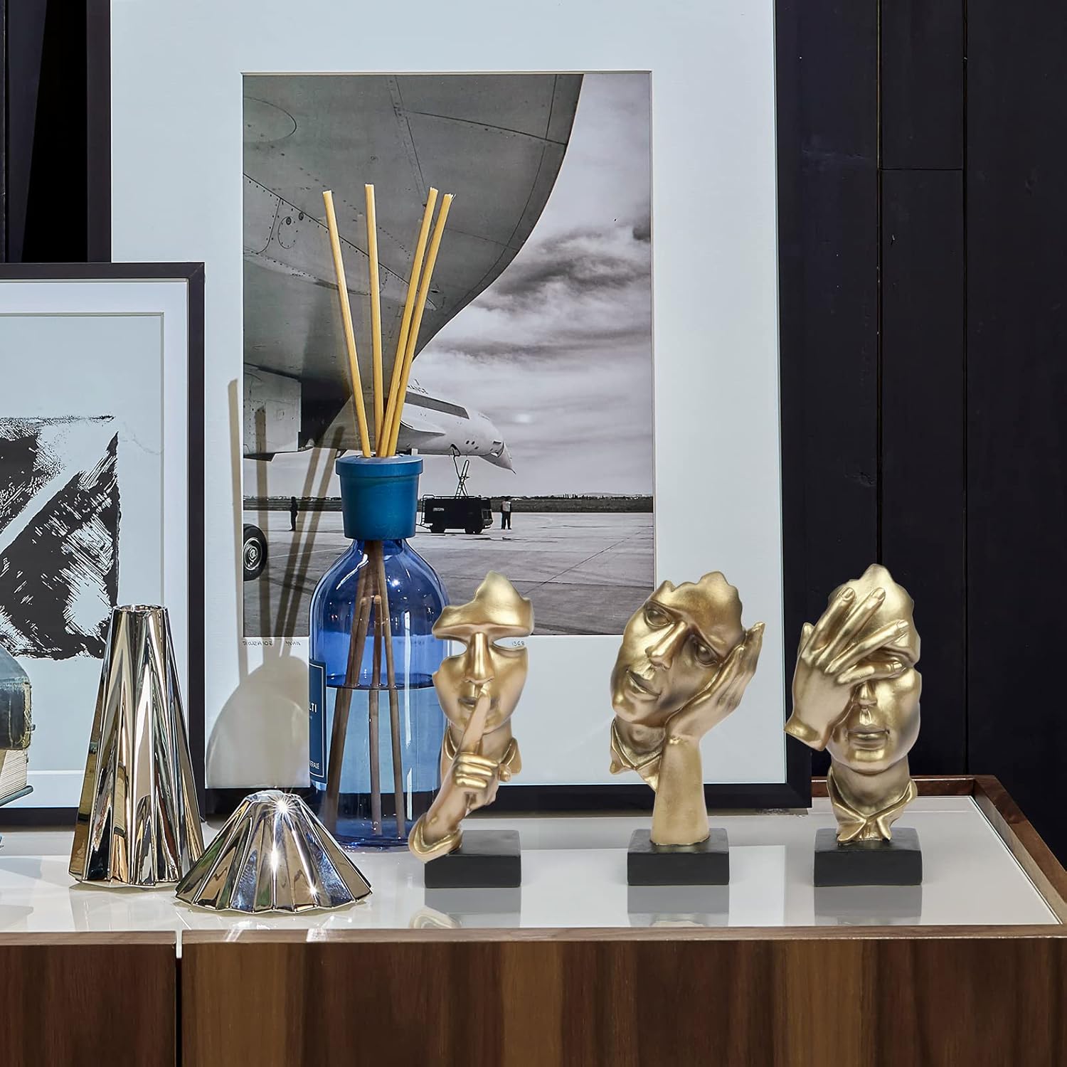 3 Pcs Thinker Statue, Silence is Gold Abstract Art Figurine, No Hear No See No Speak Modern Home Resin Sculptures Decorative Objects Decor for Home Office Bookshelf Desktop(Gold), A-41