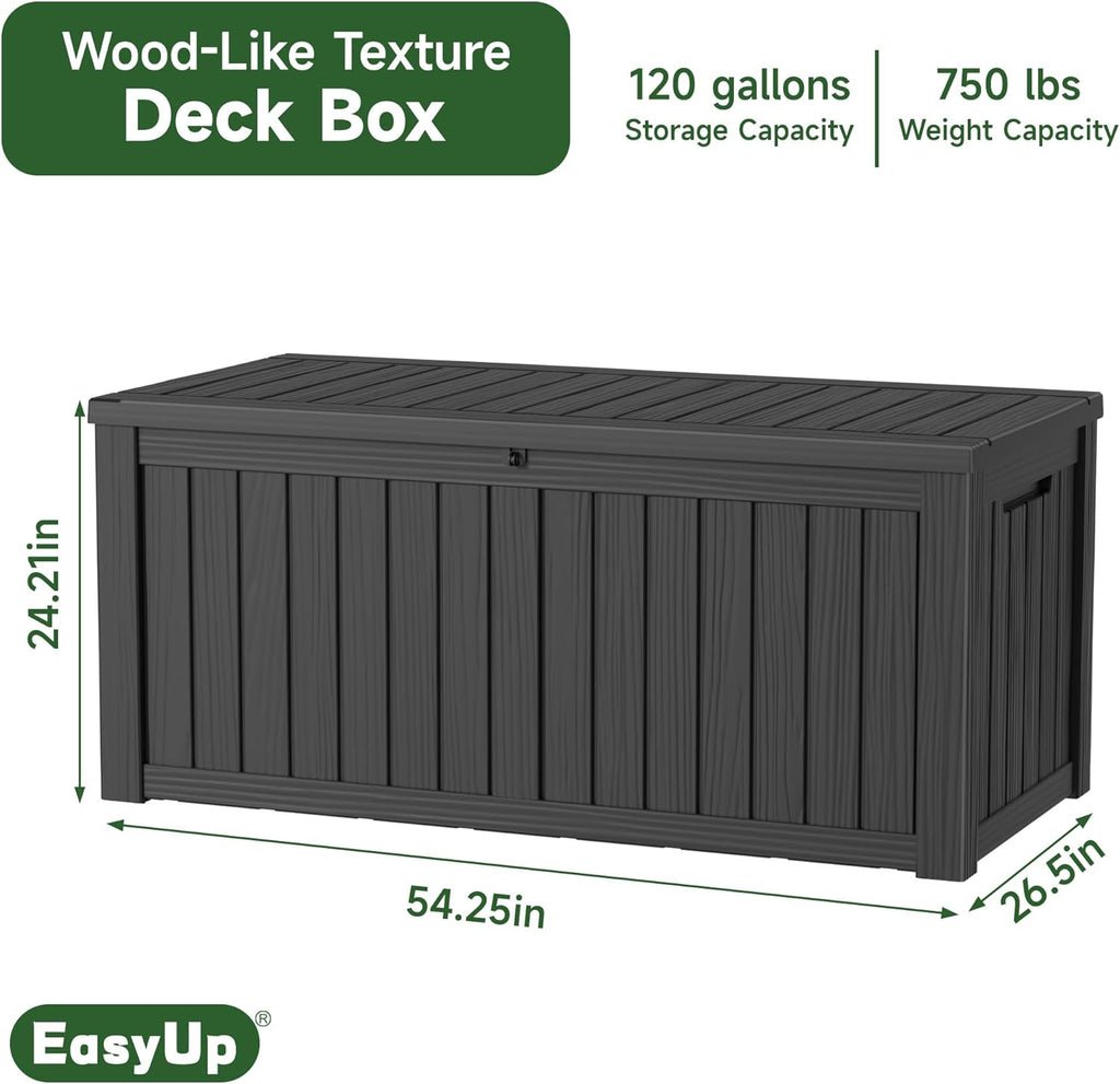 120 Gallon Outdoor Storage Box Waterproof, UV Resistant Resin Deck Box with Hydraulic Rod, Reinforced Stability for Patio, Garden, and Pool, Striped Black