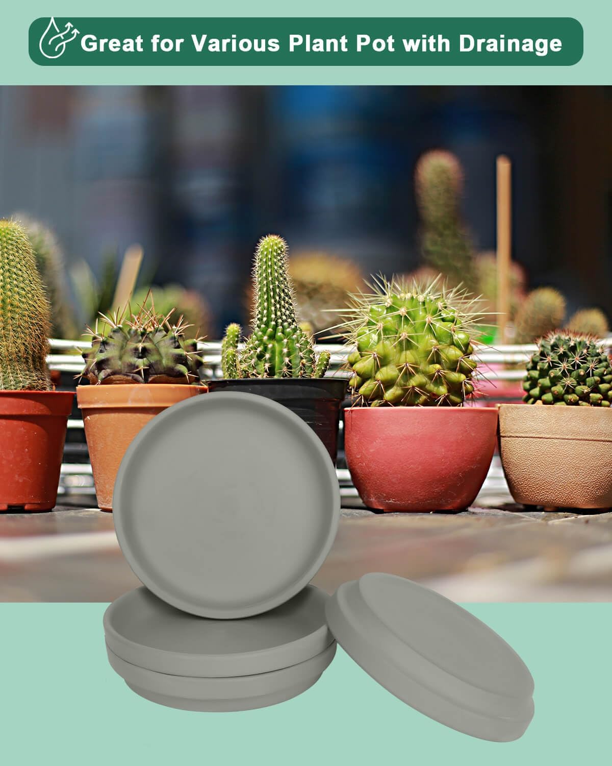 vensovo 8 Inch Grey Terracotta Plant Saucer Pots Tray - 4 Pcs Round Planter Saucers for Indoor & Outdoor Plants, Large Clay Trays Perfect for 7 Inch 7.5 Inch 8 Inch Flower Pot